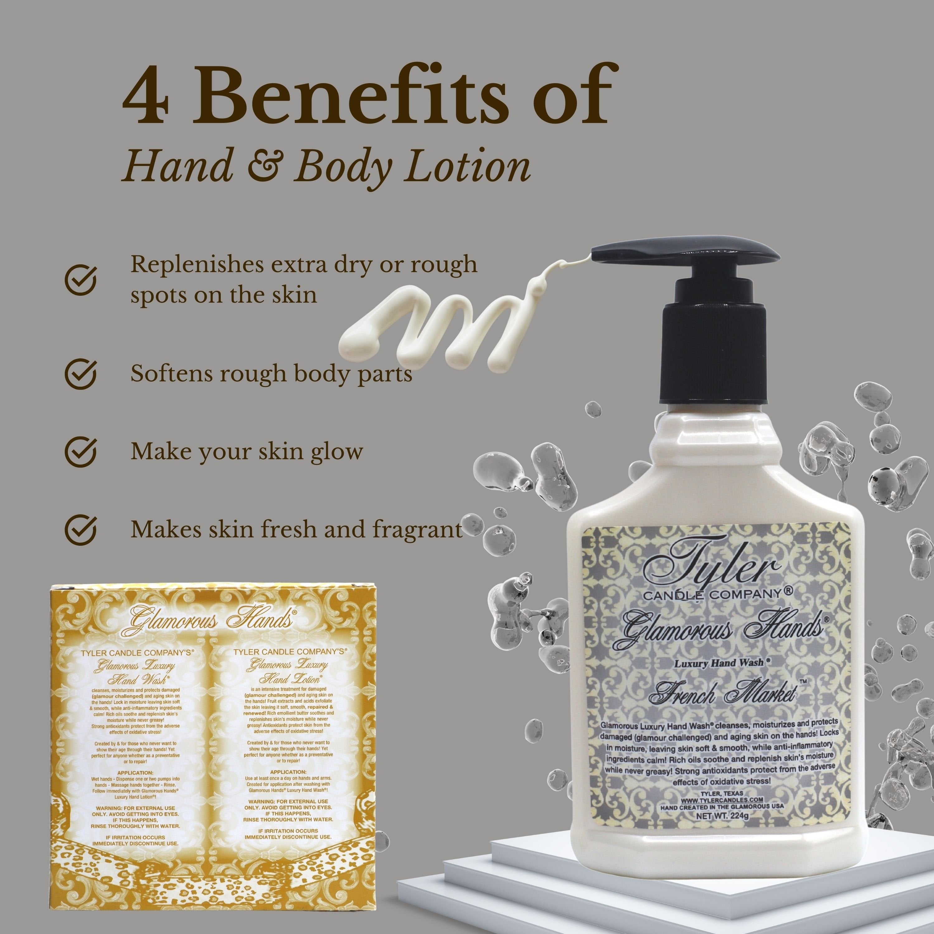 Tyler Candle Company French Market Glamorous Scented Hand Wash and Hand Lotion Gift Set in Pump Bottles - Pack of 1, 8 oz - with Multi-Purpose Keychain