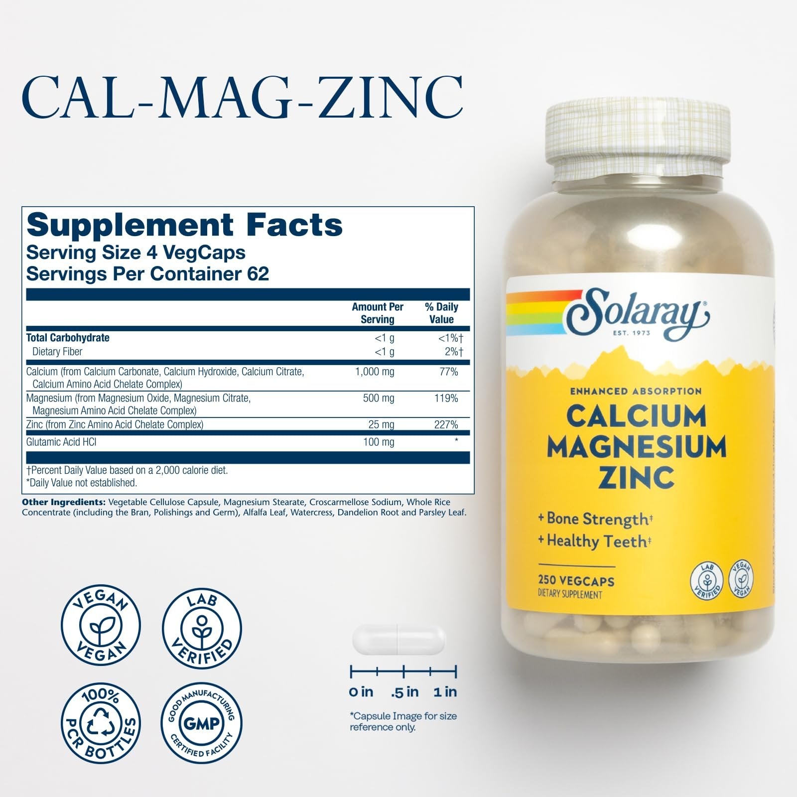 SOLARAY Calcium Magnesium Zinc Supplement - with Calcium 1000mg, Magnesium 500mg - Bone Health, Muscle Function, Heart Health and Immune Support - Vegan, 60 Day Guarantee, 62 Servings, 250 VegCaps