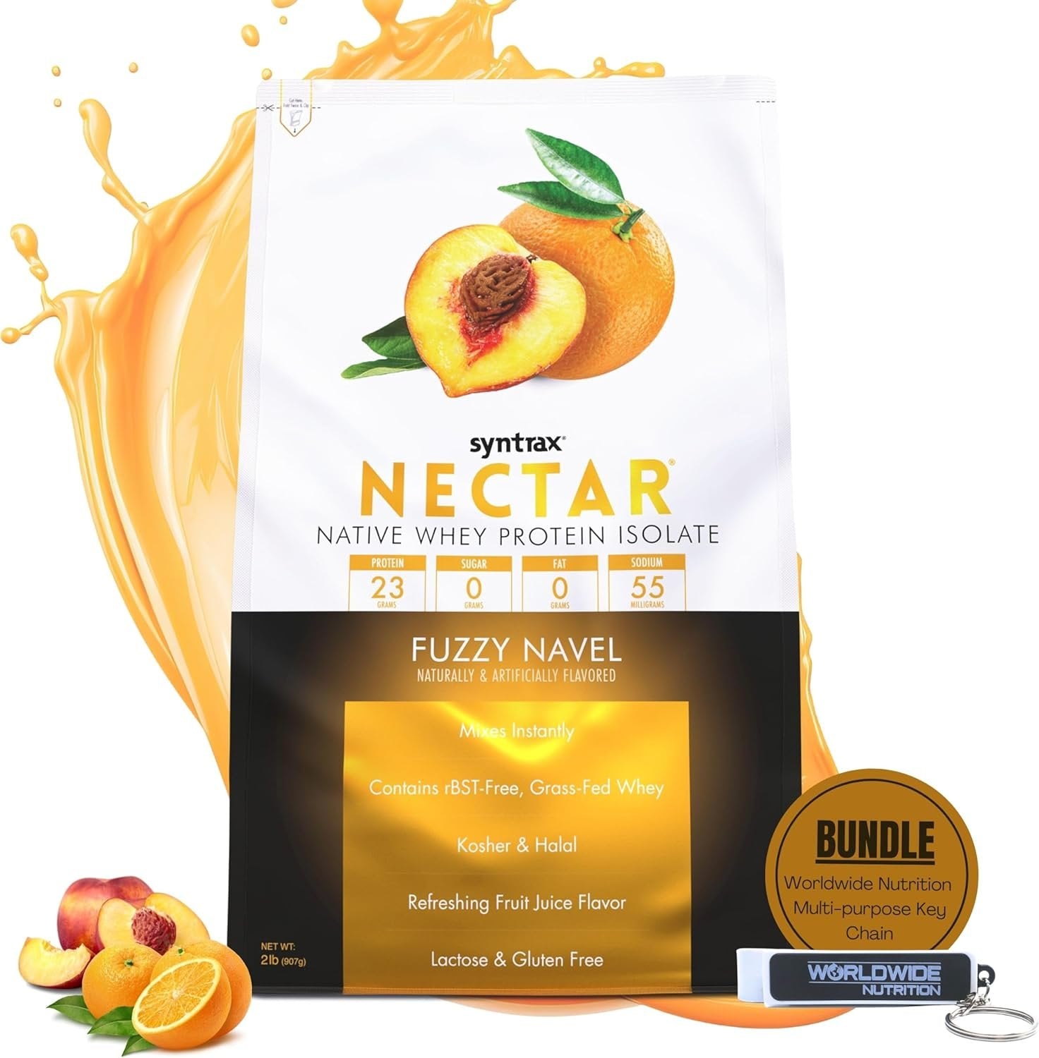 Syntrax Bundle: Nectar Whey Isolate Protein Powder - Fuzzy Navel Flavor - Gluten and Lactose-Free - 2 Pounds Nectar Protein Powder Blend and Worldwide Nutrition Keychain