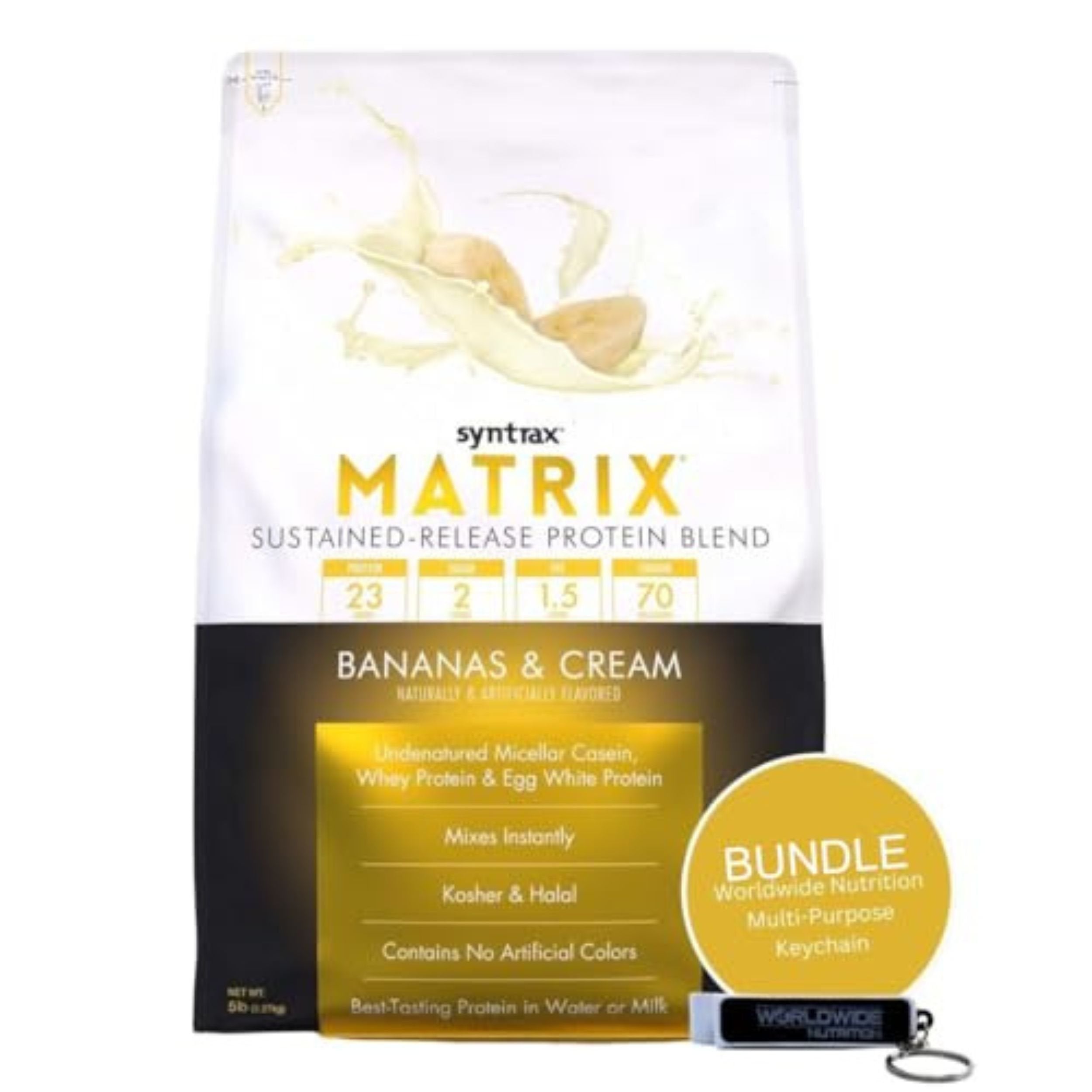 Syntrax Matrix Sustained-Release Protein Powder Blend - Kosher & Halal - Muscle Support - Banana and Cream - 5 lb - with Multipurpose Keychain