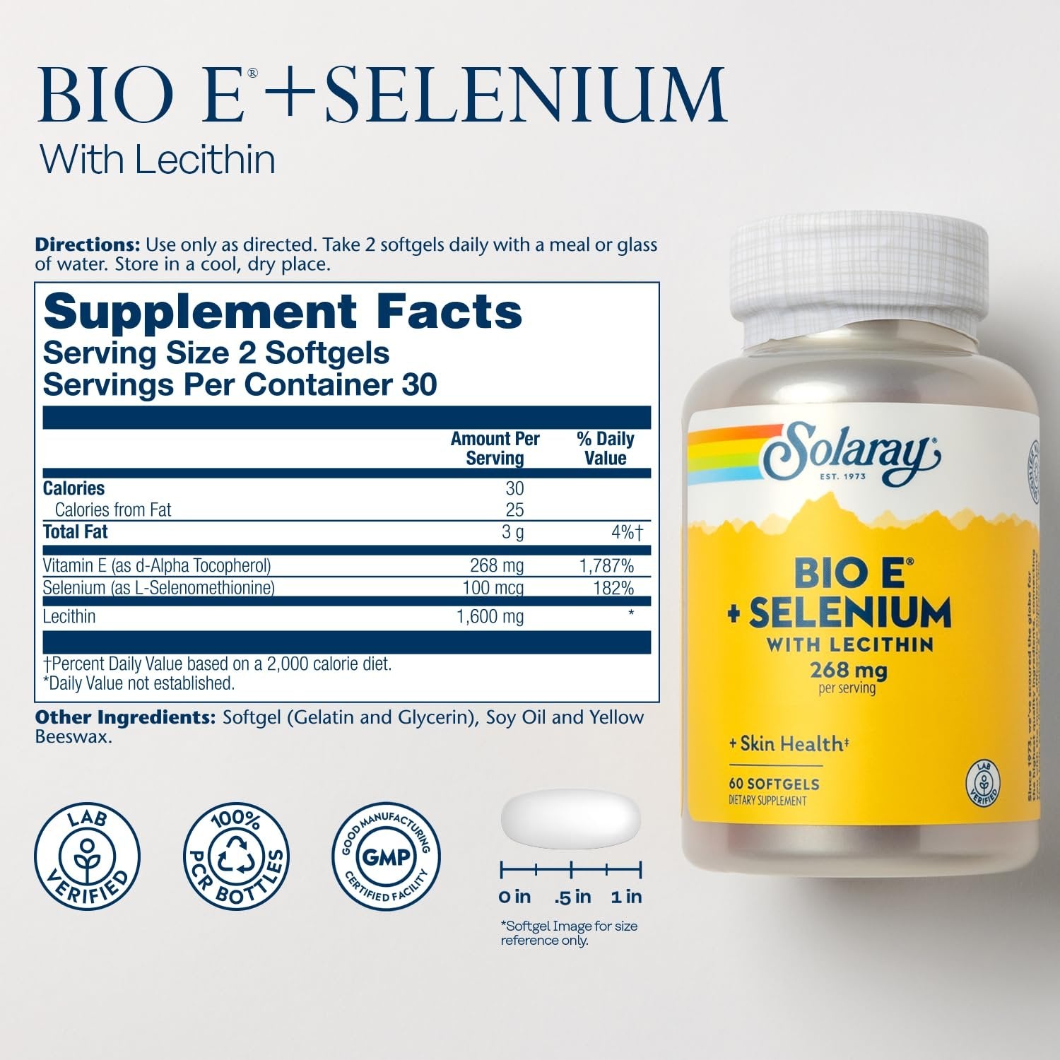 SOLARAY Bio Vitamin E with Selenium 400IU Healthy Heart Function, Antioxidant Activity & Skin Support High Absorption 120 Softgels