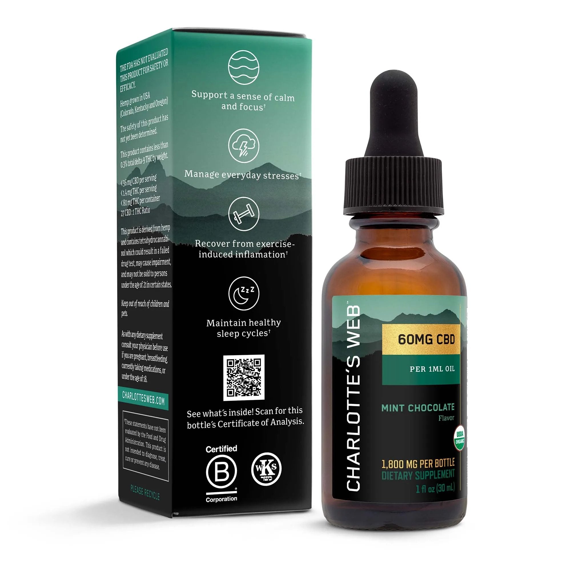 Charlotte’s Web 60 mg CBD Oil - Mint Chocolate Flavor – 1800 mg per bottle - 1 fl oz (30 ml) - Pack of 1