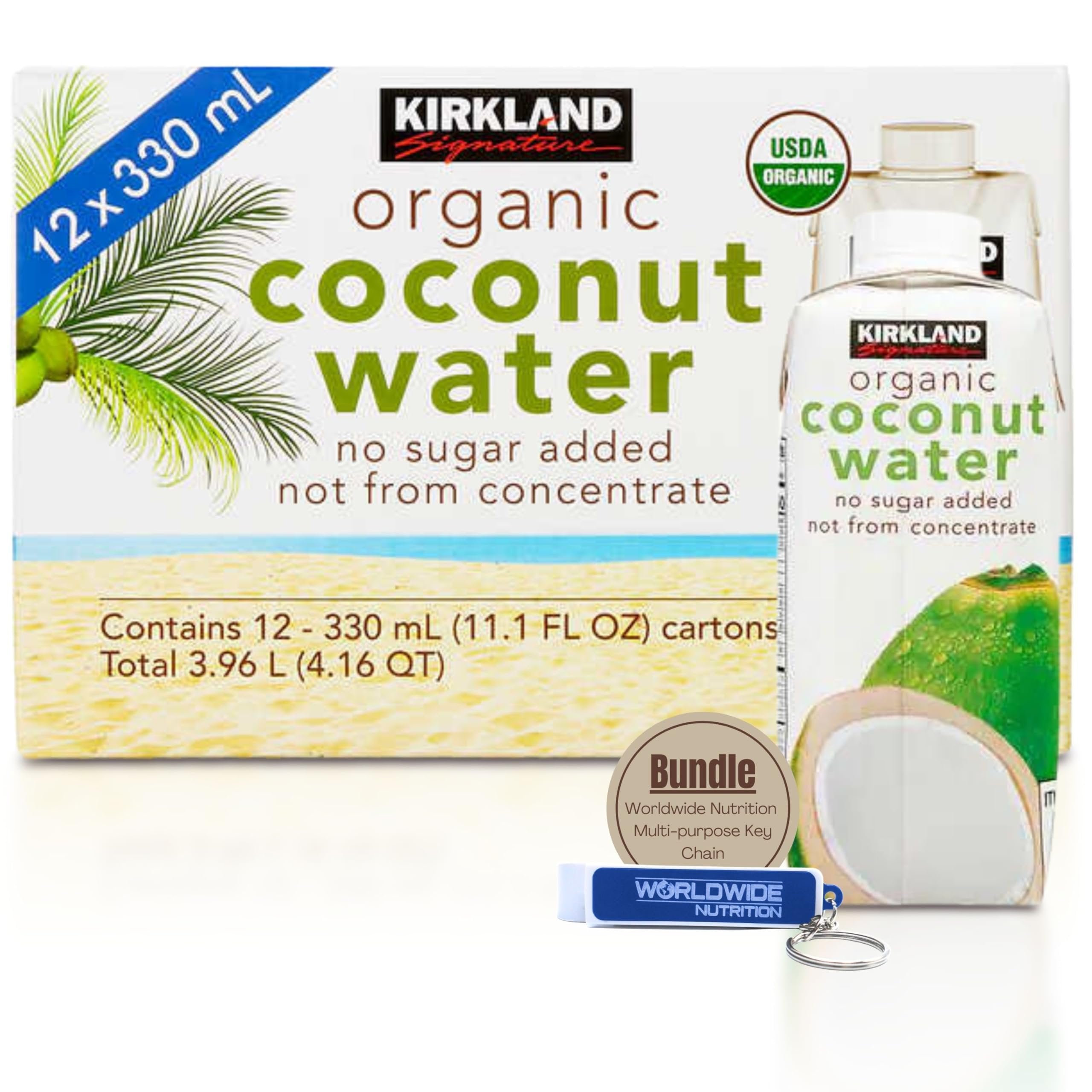 Worldwide Nutrition Bundle Compatible With Kirkland Expect More All Natural Organic Coconut Water Drink - No Sugar Added, Refreshingly Delicious - 11.1oz 12count With Multi-Purpose Keychain