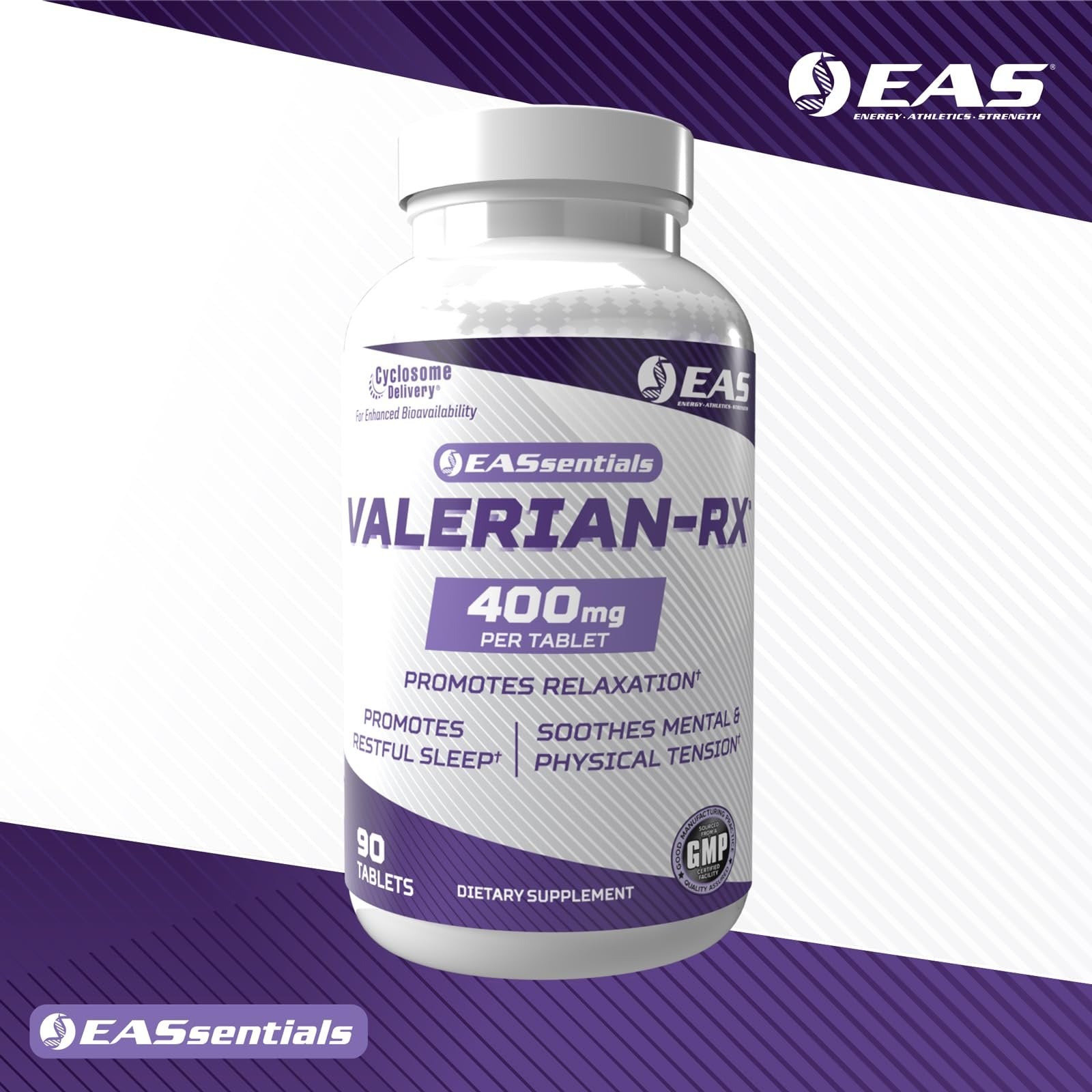 EAS Valerian-RX Valerian Root 400mg | Promotes Relaxation & Restful Sleep | Gluten Free, Non GMO | Better Absorption with Cyclosome Delivery | 90 Tablets