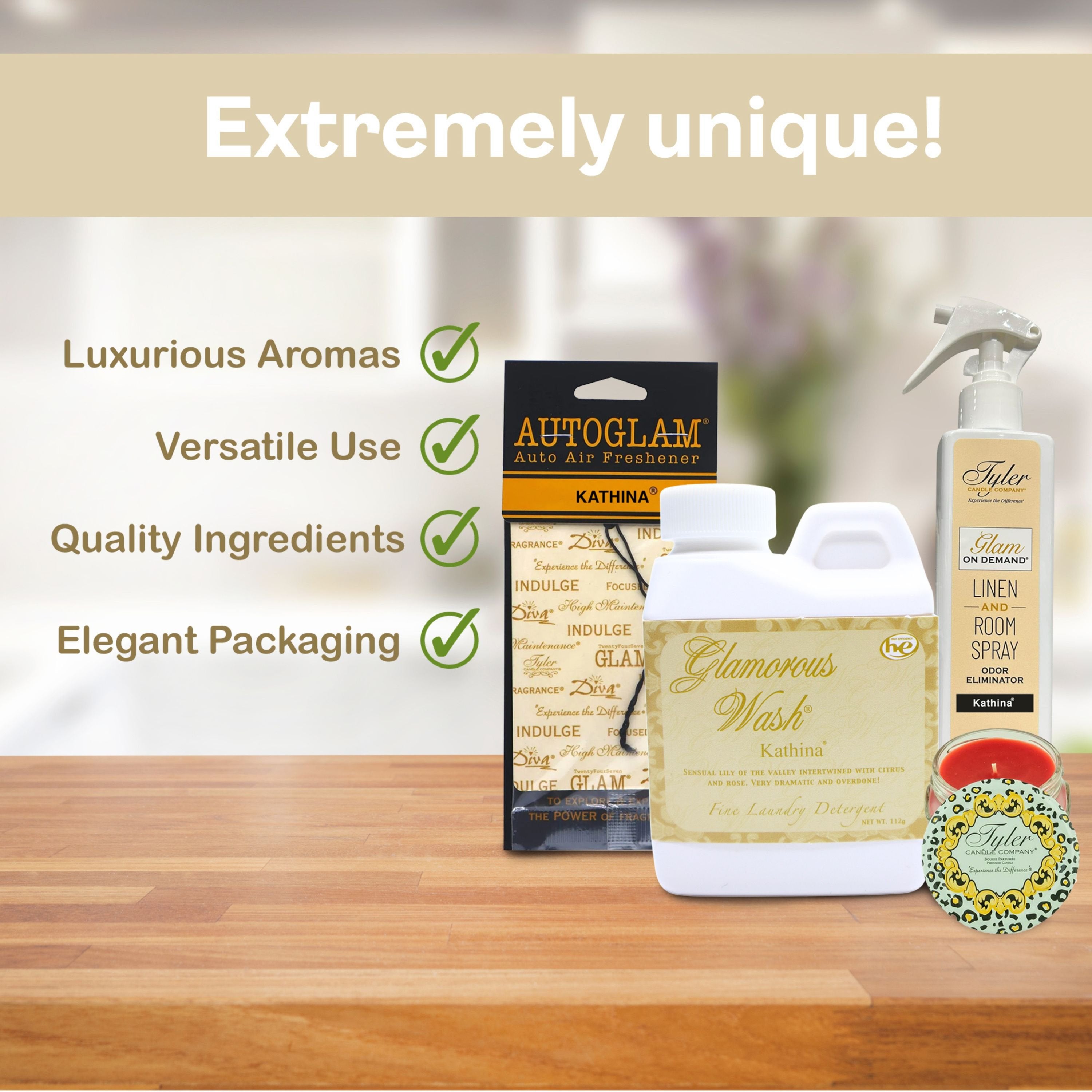 Tyler Candle Company Glamorous Gift Suite VI Kathina - Glam On Demand Linen and Room Spray Bottle, Prestige Candle, Glamorous Wash Laundry Detergent, Autoglam Air Freshener & Keychain