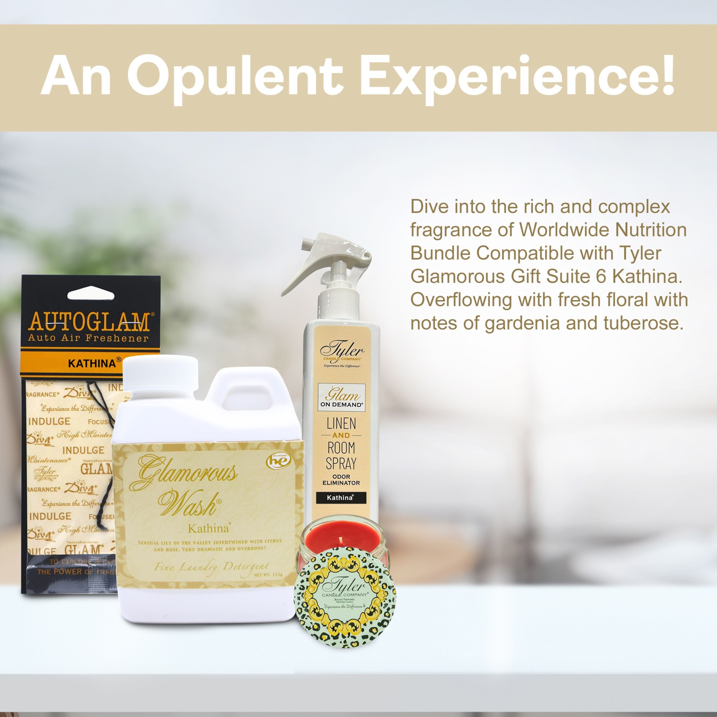 Tyler Candle Company Glamorous Gift Suite VI Kathina - Glam On Demand Linen and Room Spray Bottle, Prestige Candle, Glamorous Wash Laundry Detergent, Autoglam Air Freshener & Keychain