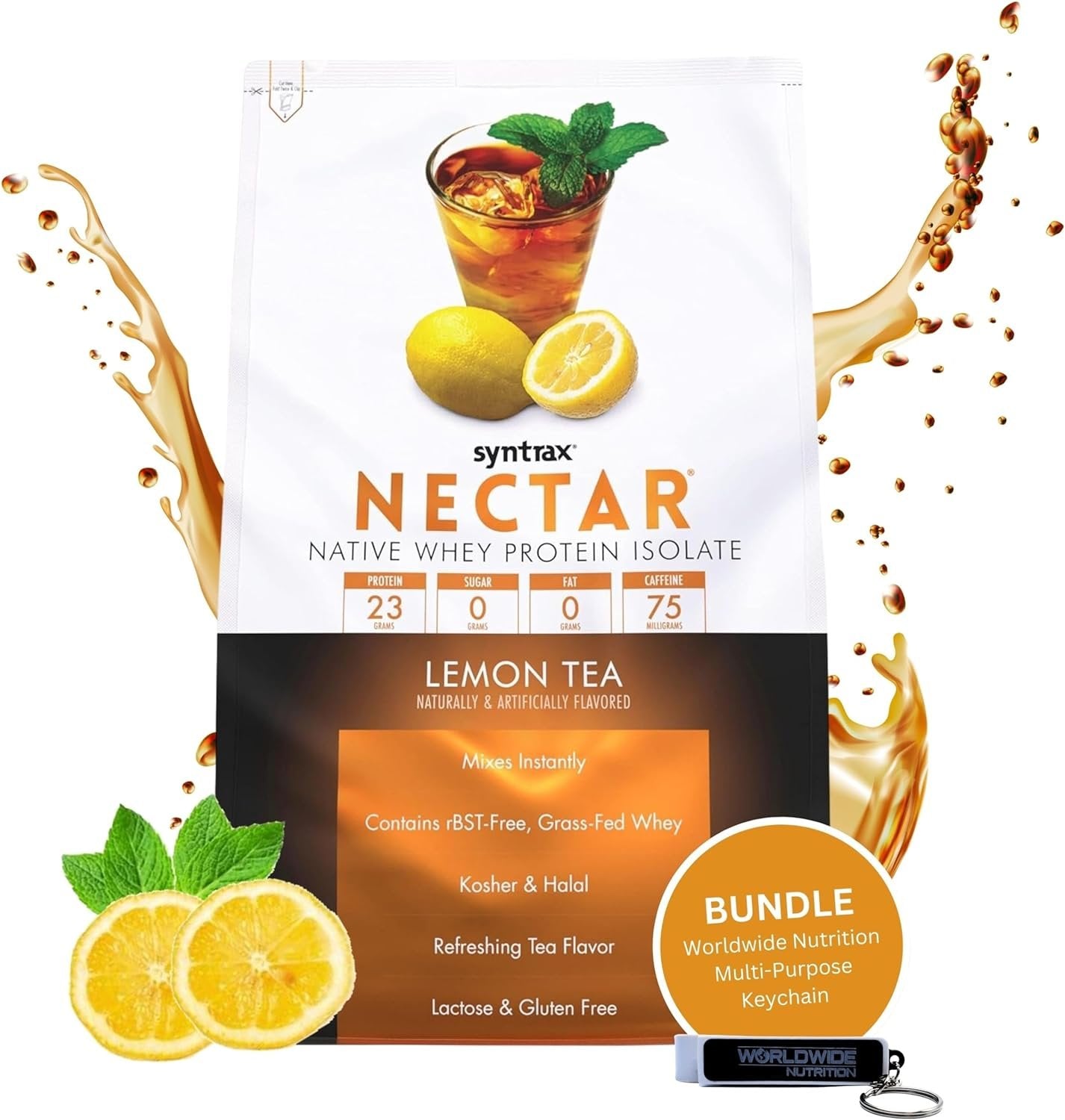 Syntrax Nectar Native Whey Protein Isolate Powder - Lemon Tea - Kosher and Halal - Lactose and Gluten Free - 1 Pack of 2lb with Multi-Purpose Keychain