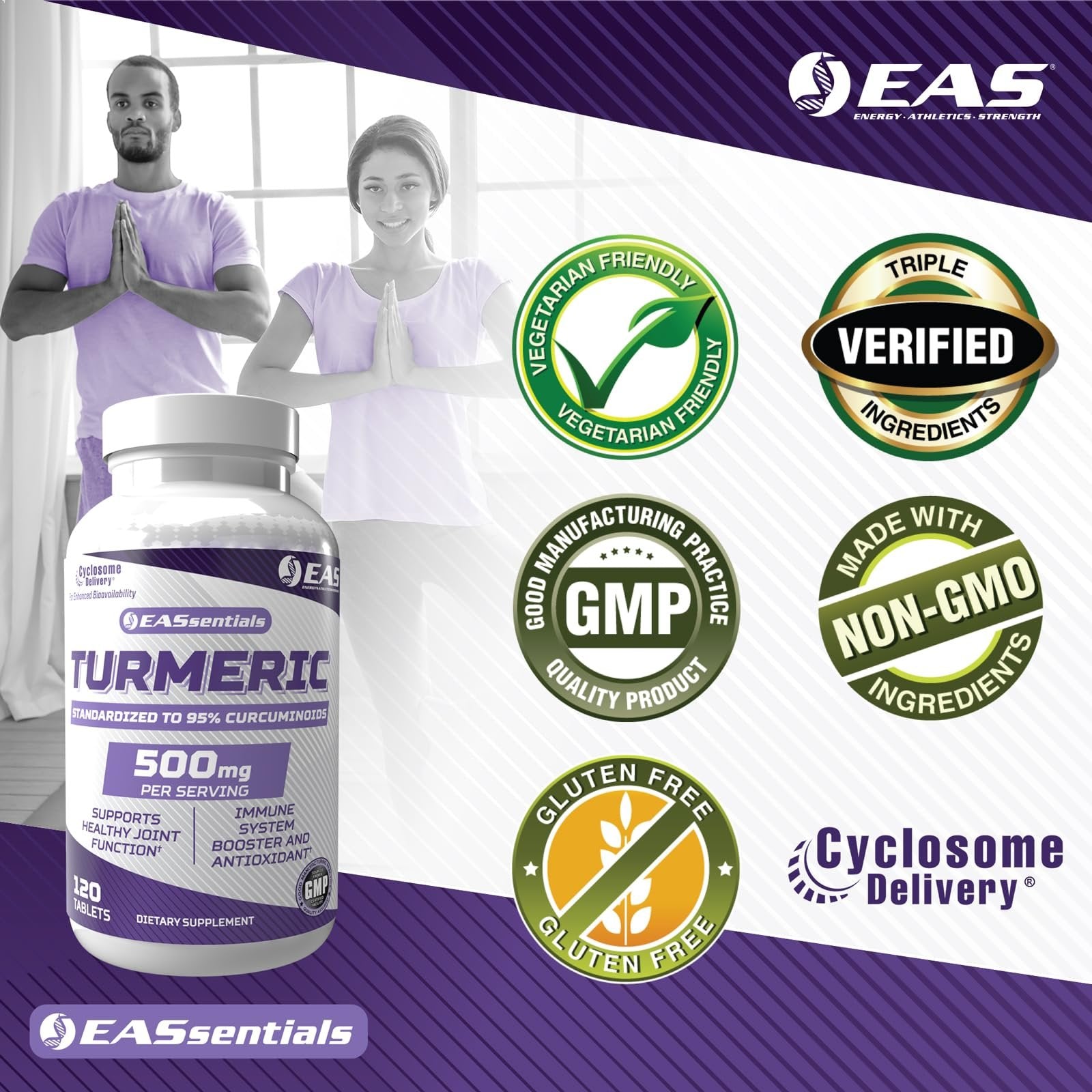 EAS Turmeric 500mg | 95% Standardized Curcuminoids | Boost Antioxidants, Immunity, & Joint Function | Better Absorption with Cyclosome Delivery | 120 Tablets