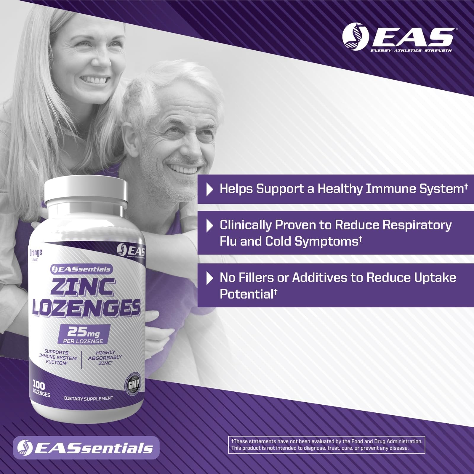 EAS Zinc Lozenges | Highly Absorbable with No Fillers or Additives | Supports Immune Function | Gluten Free, Non GMO | 100 Lozenges (Orange Flavor)
