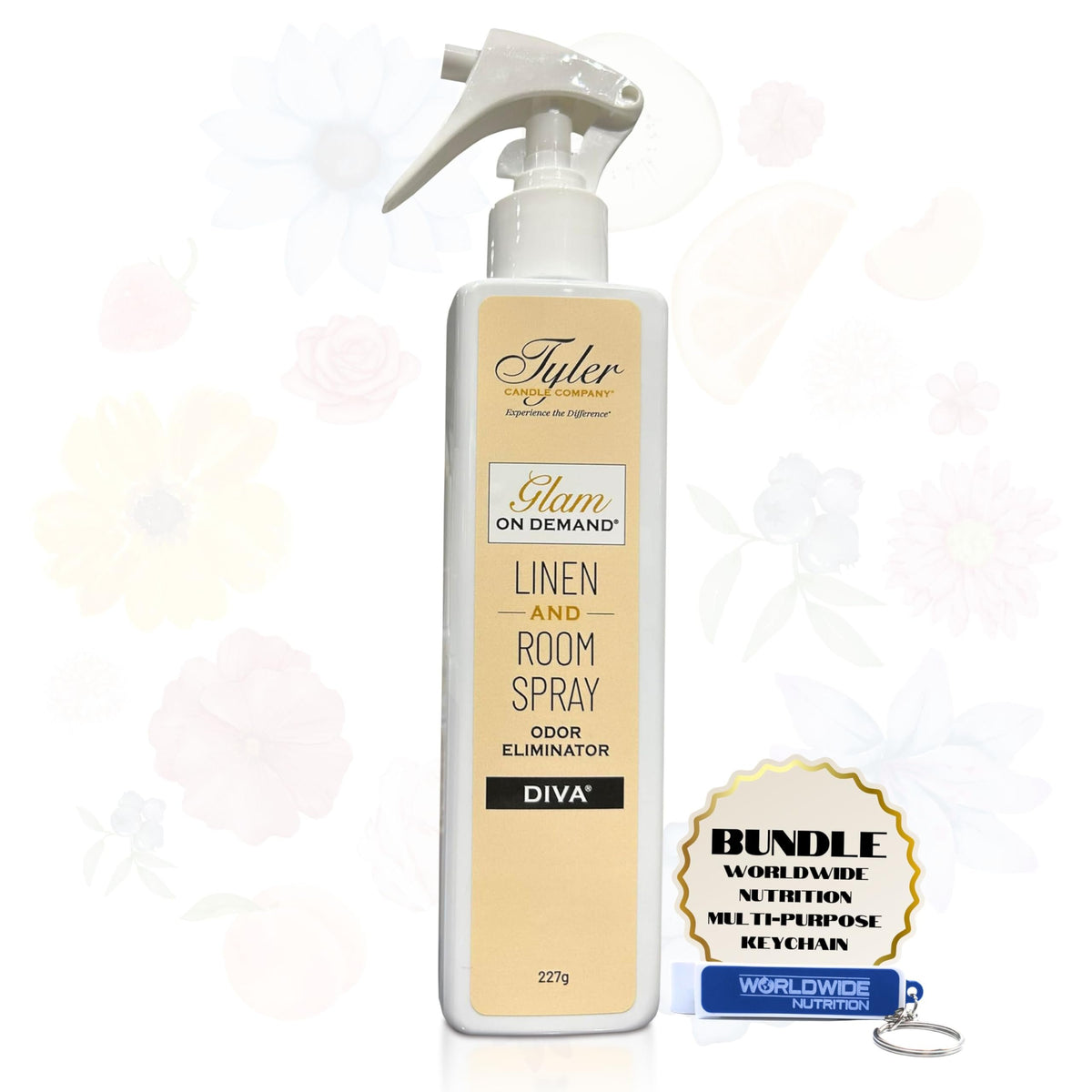 Tyler Candle Company Diva Glam On Demand - Linen and Room Spray - Oder Eliminator - Luxurious Fragrance - 8 oz (227g) - Pack of 1 with Keychain