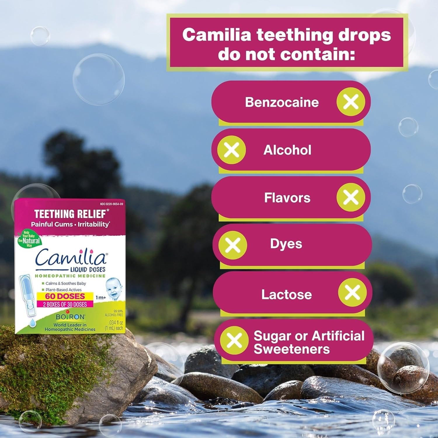 Boiron Camilia Liquid Doses - Homeopathic Medicine (1m+) - Teething Relief - Painful Gums - Irritability - 60 Count - Pack of 2 - with Multi-Purpose Keychain