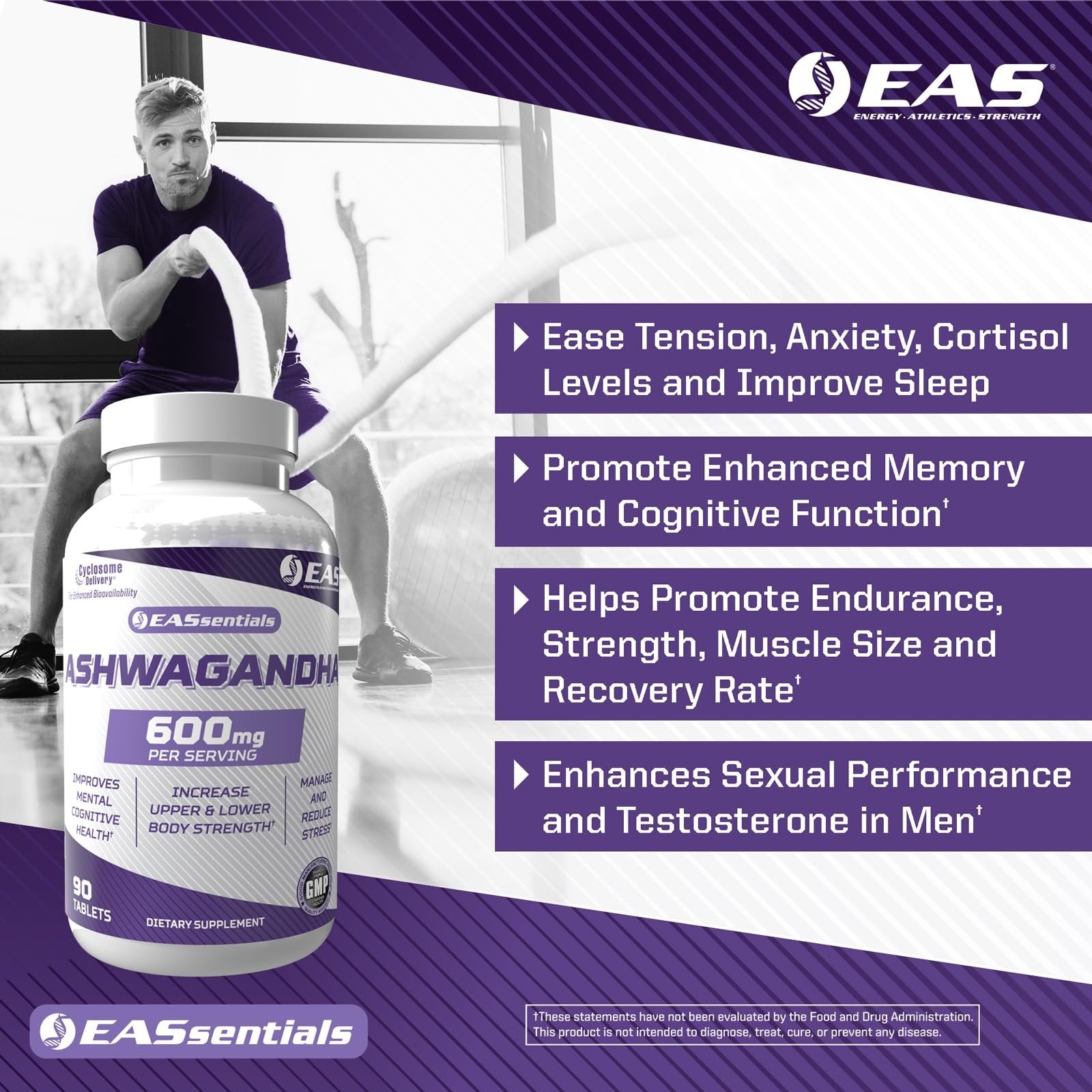 EAS Ashwagandha 600mg | Supports Improved Relaxation & Mental Clarity | Strength & Muscle Recovery | Better Absorption with Cyclosome Delivery | 90 Tablets