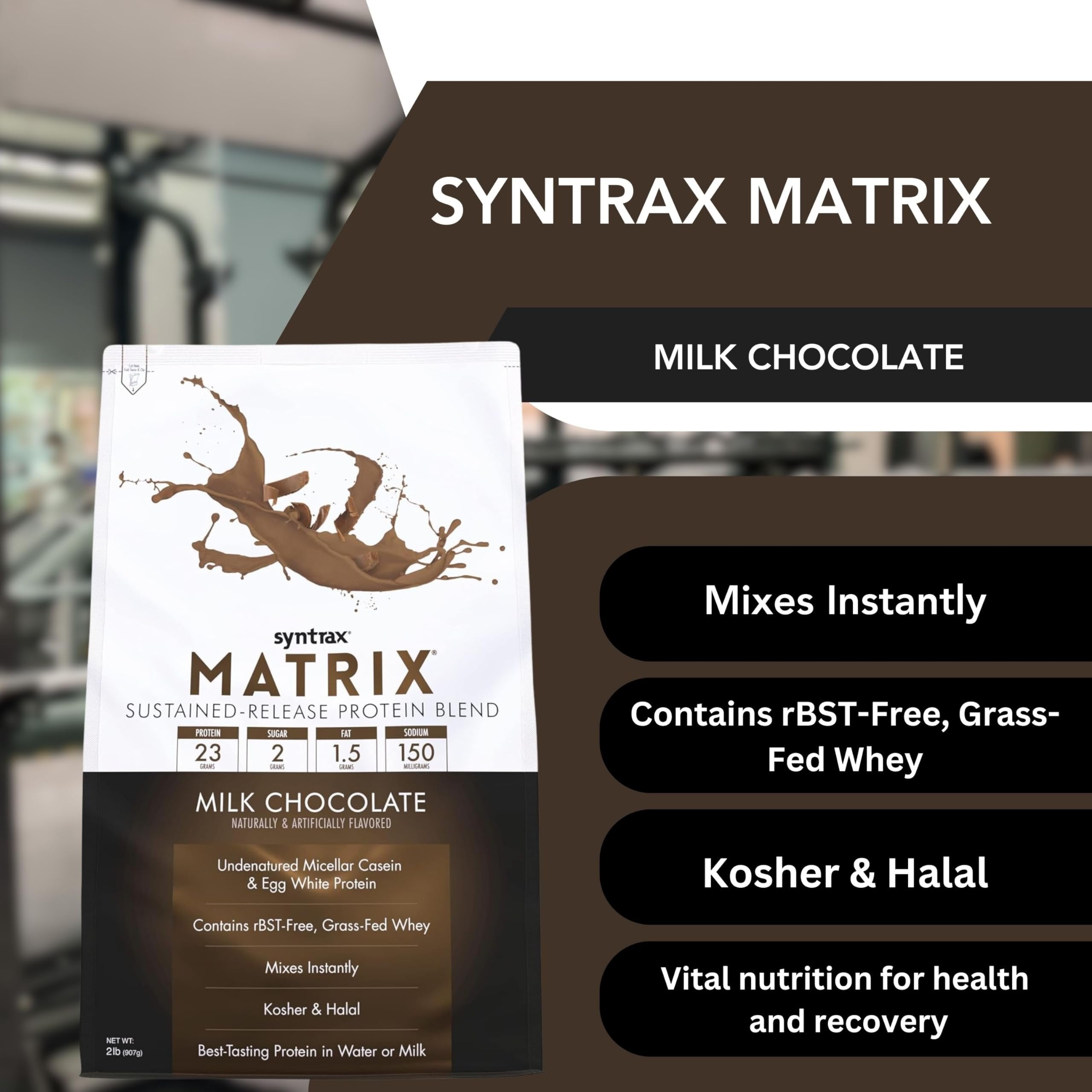 Syntrax Matrix Milk Chocolate Whey Casein Blend Protein Powder - Instant Mix High Protein Powder 2lb Kosher and Halal Whey Protein with Worldwide Nutrition Keychain