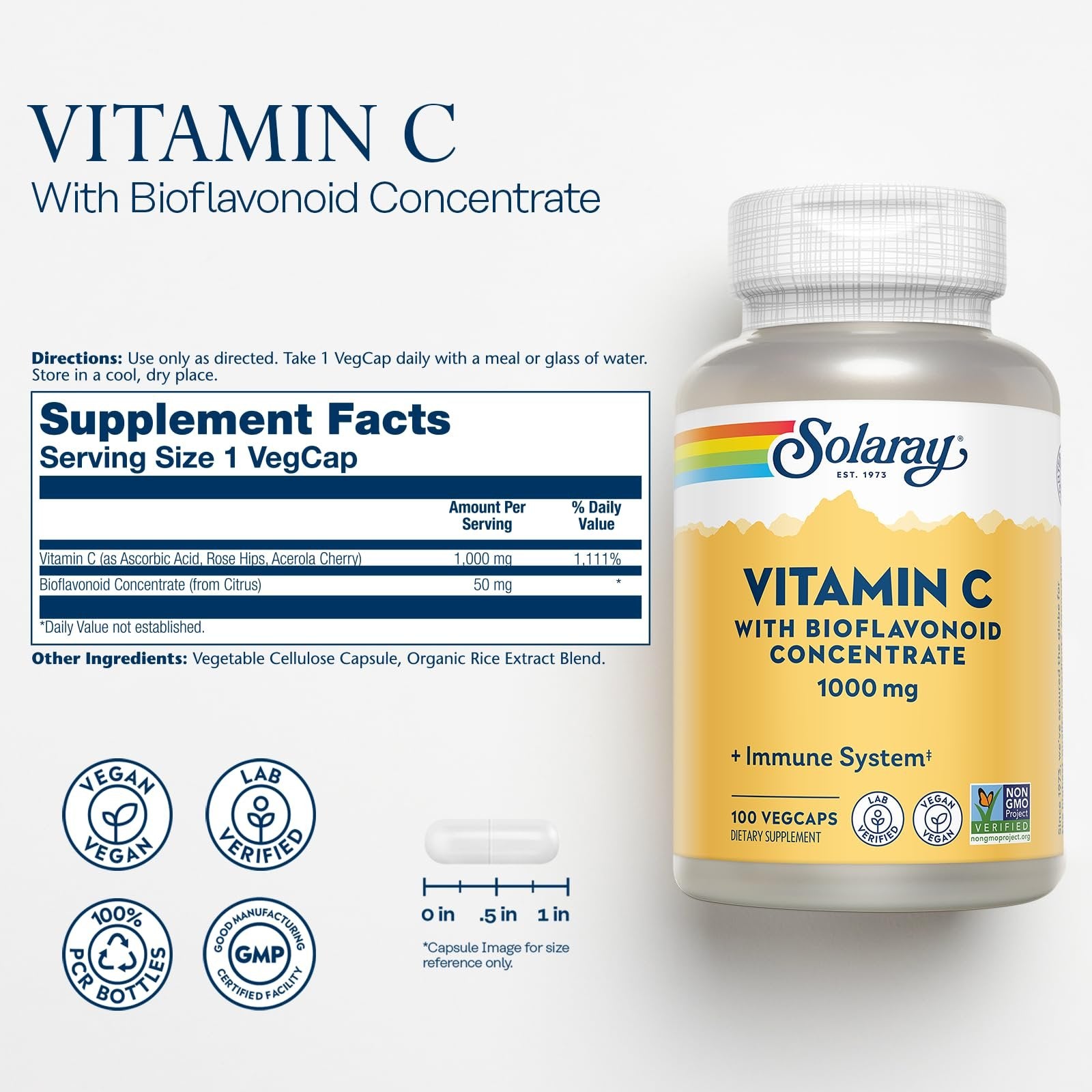 Solaray Vitamin C with Bioflavonoid Concentrate - Rose HIPS, Acerola Cherry and Bioflavonoids - Vitamin C 1000mg - Immune Function, Skin, Hair, Nails Support - Vegan - 100 Servings, 100 VegCaps
