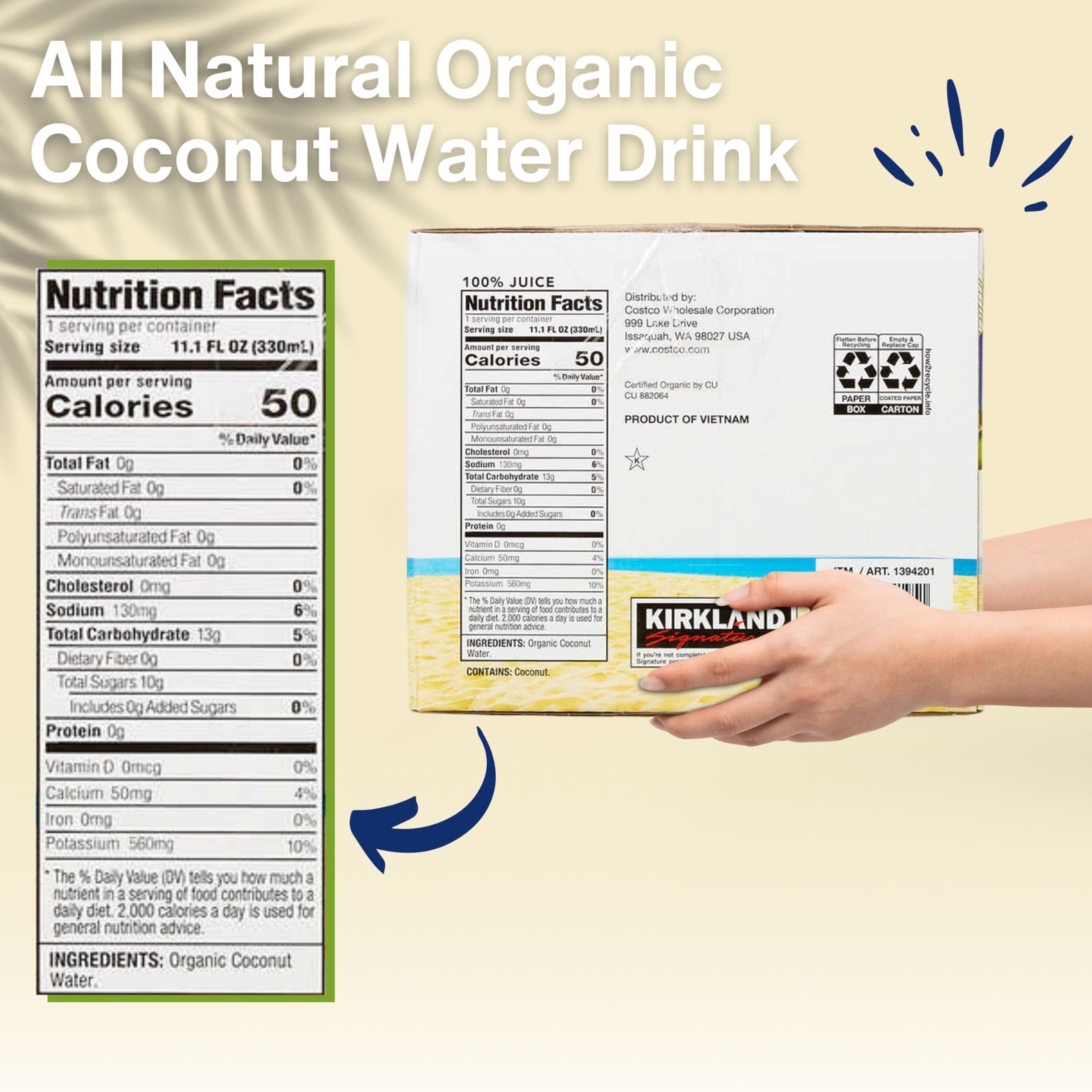 Worldwide Nutrition Bundle Compatible With Kirkland Expect More All Natural Organic Coconut Water Drink - No Sugar Added, Refreshingly Delicious - 11.1oz 12count With Multi-Purpose Keychain