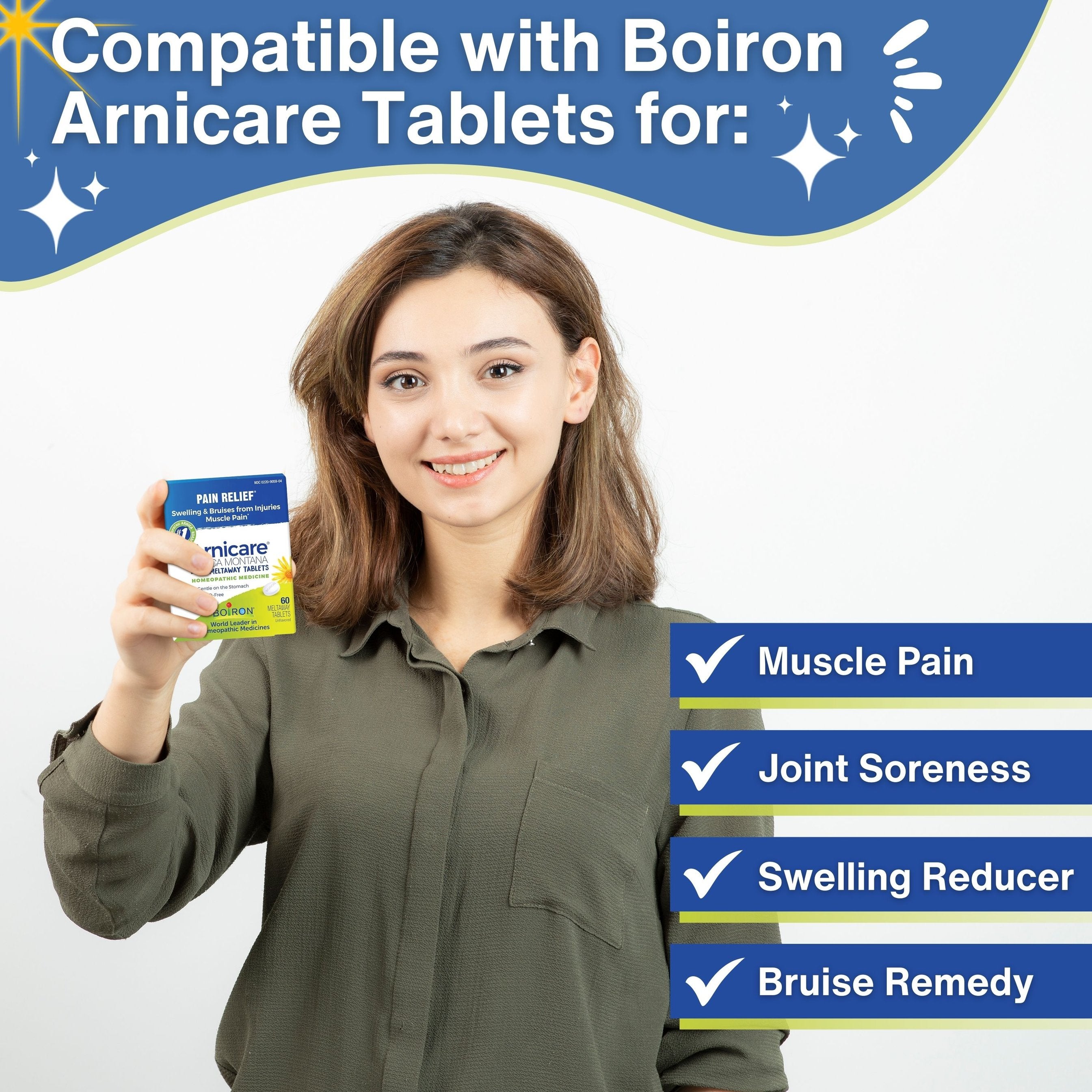 Boiron Arnicare Arnica Montana Meltaway Tablets - Swelling Reducer - Bruise Remedy - Muscle Pain Reliever - 60 Unflavored Tablets with Multi-Purpose Keychain