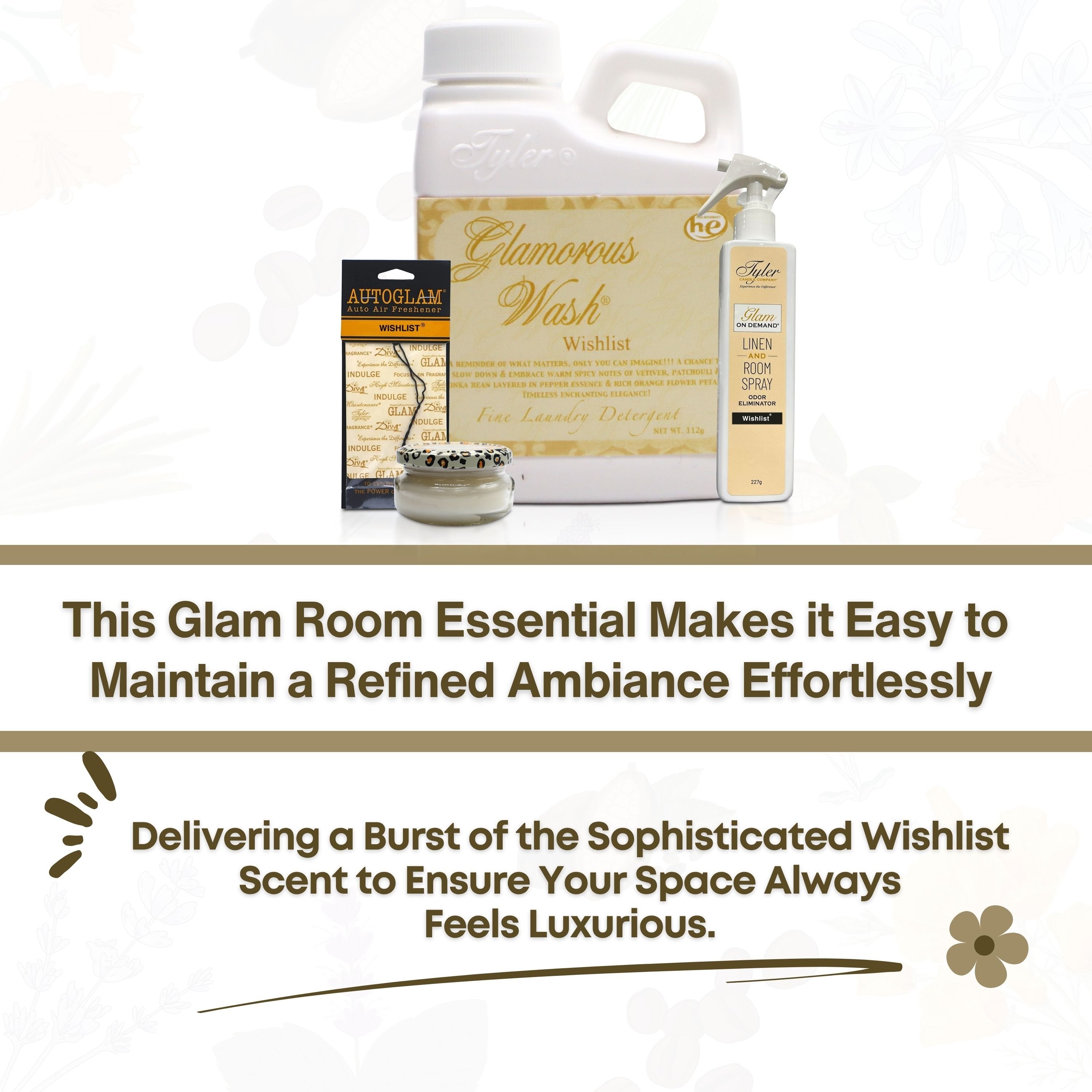 Tyler Candle Comapany Glamorous Gift Suite VI - Glam On Demand Linen and Room Spray Bottle, Prestige Candle, Glamorous Wash Laundry Detergent, Autoglam Auto Air Freshener & Keychain