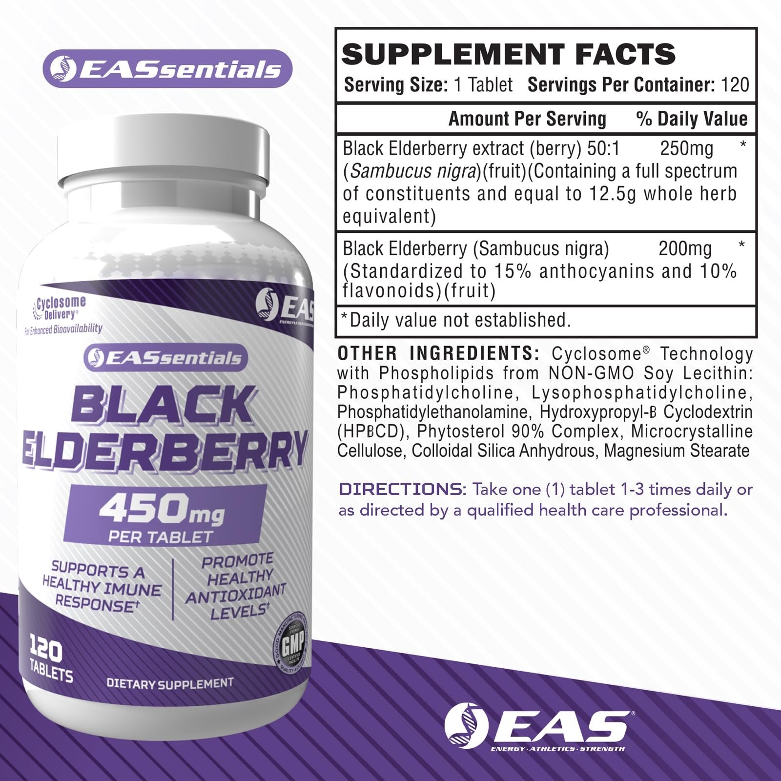 EAS Black Elderberry 450mg | Supports Healthy Immune Response | Gluten Free, Non GMO | Better Absorption with Cyclosome Delivery | 120 Tablets