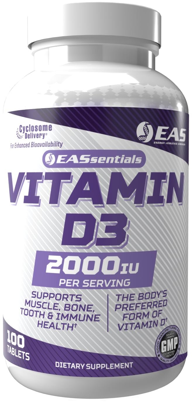 EAS Vitamin D3 2000 IU | Supports Muscle, Bone, Tooth, & Immune Health | Gluten Free, Non GMO | Better Absorption with Cyclosome Delivery | 100 Tablets