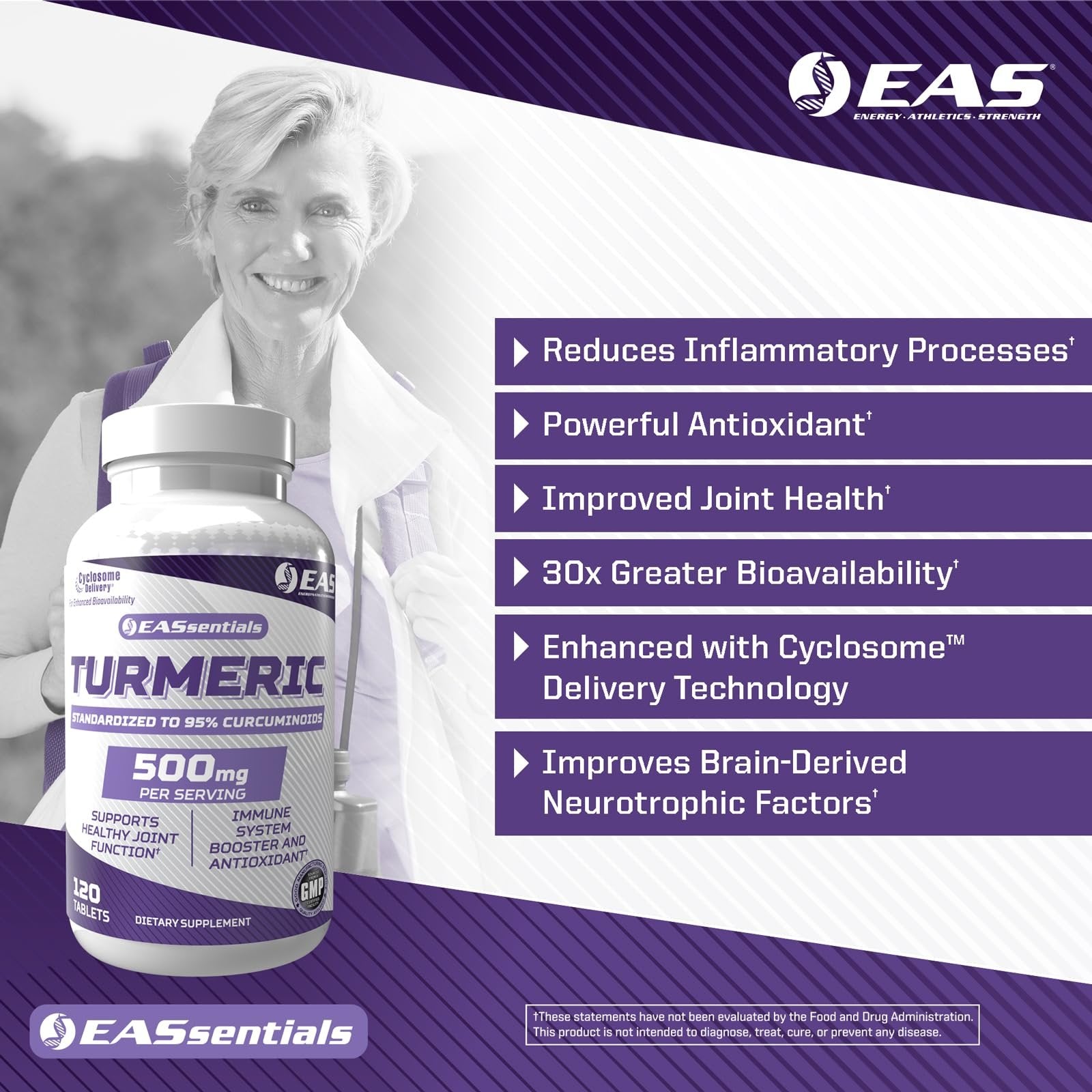 EAS Turmeric 500mg | 95% Standardized Curcuminoids | Boost Antioxidants, Immunity, & Joint Function | Better Absorption with Cyclosome Delivery | 120 Tablets