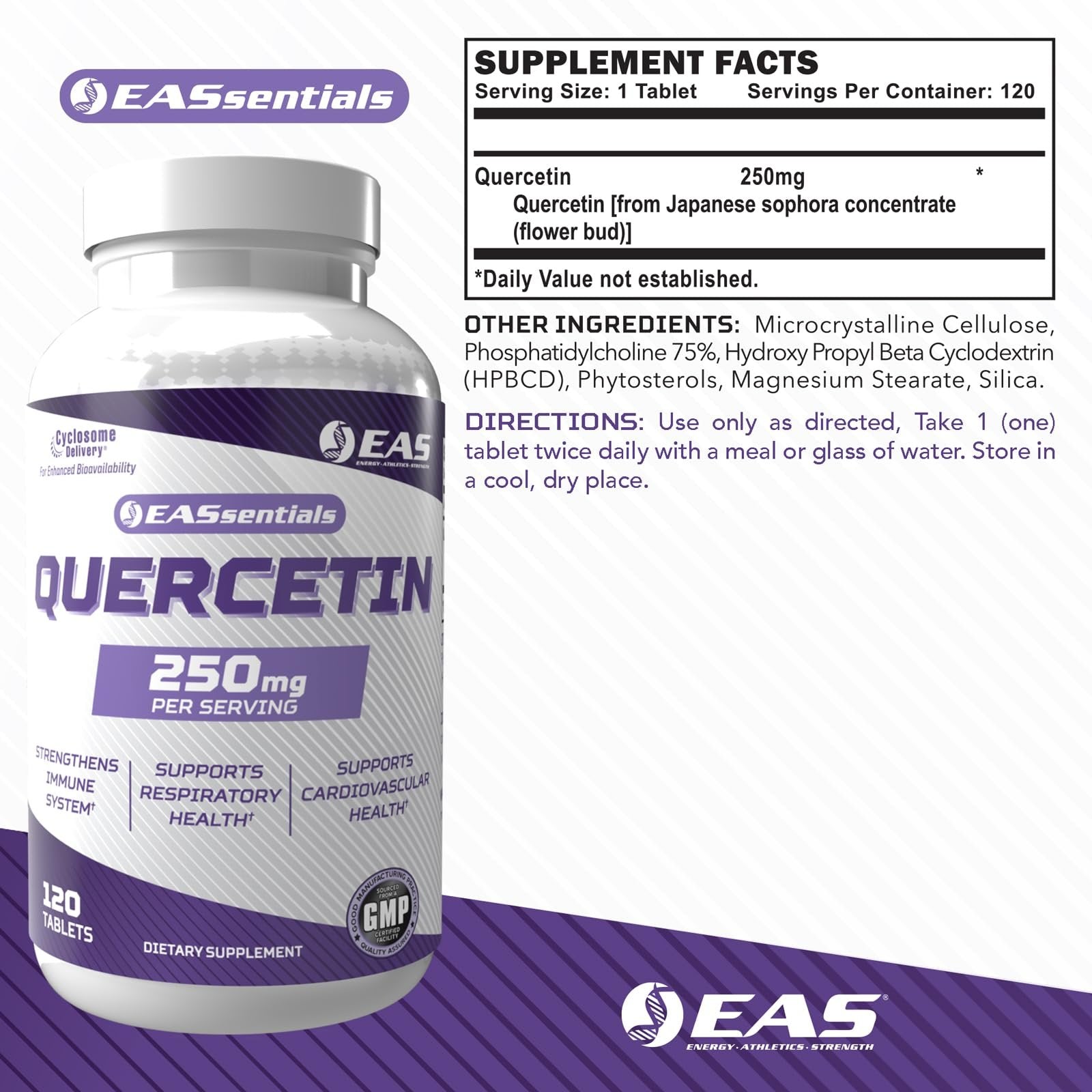 EAS Quercetin 250mg | Heart & Respiratory Health | Supports Immune Response | Gluten Free, Non GMO | Better Absorption with Cyclosome Delivery | 120 Tablets