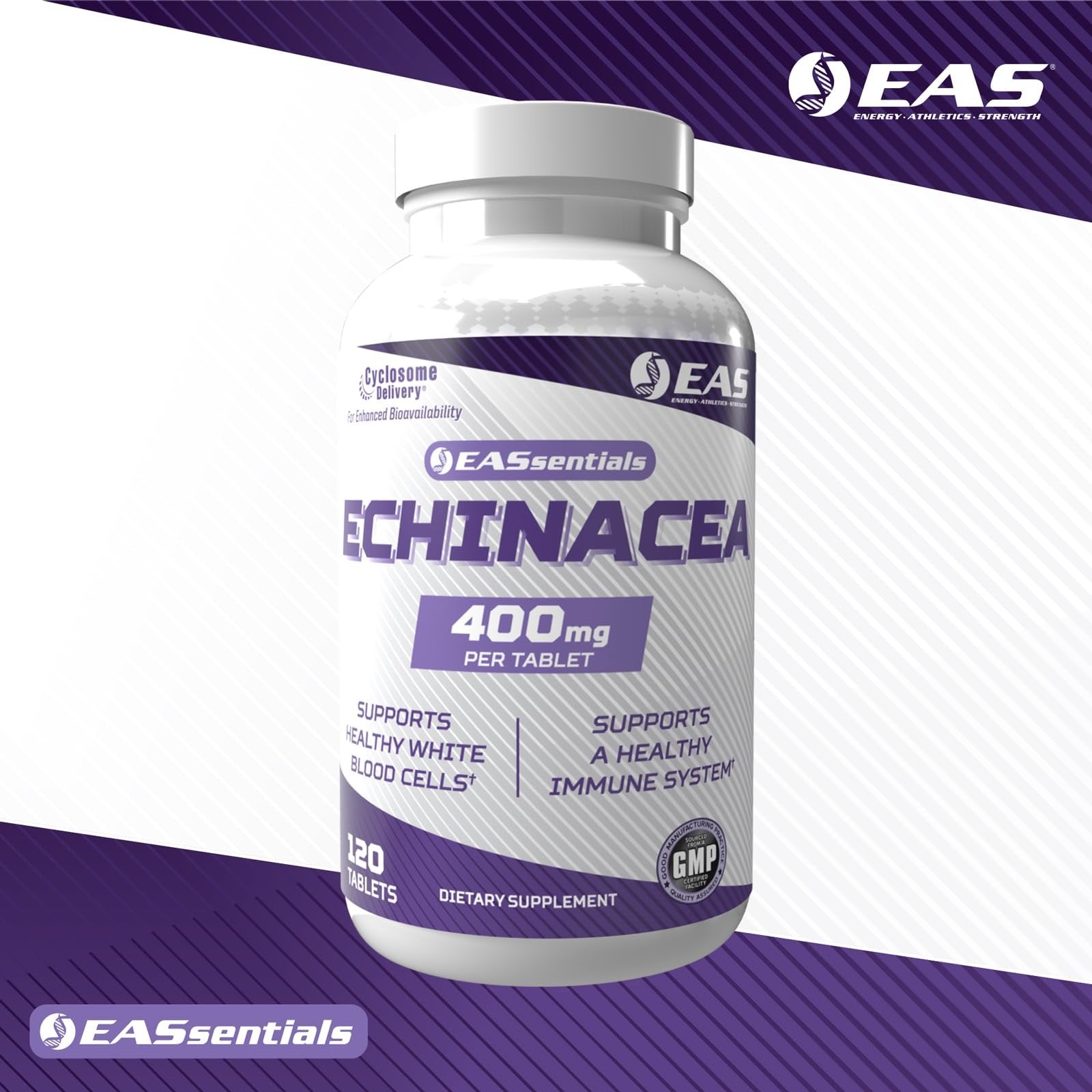 EAS Echinacea 400mg | Tri Blend Formulation | Immune & Respiratory Support | Gluten Free, Non GMO | Better Absorption with Cyclosome Delivery | 120 Tablets