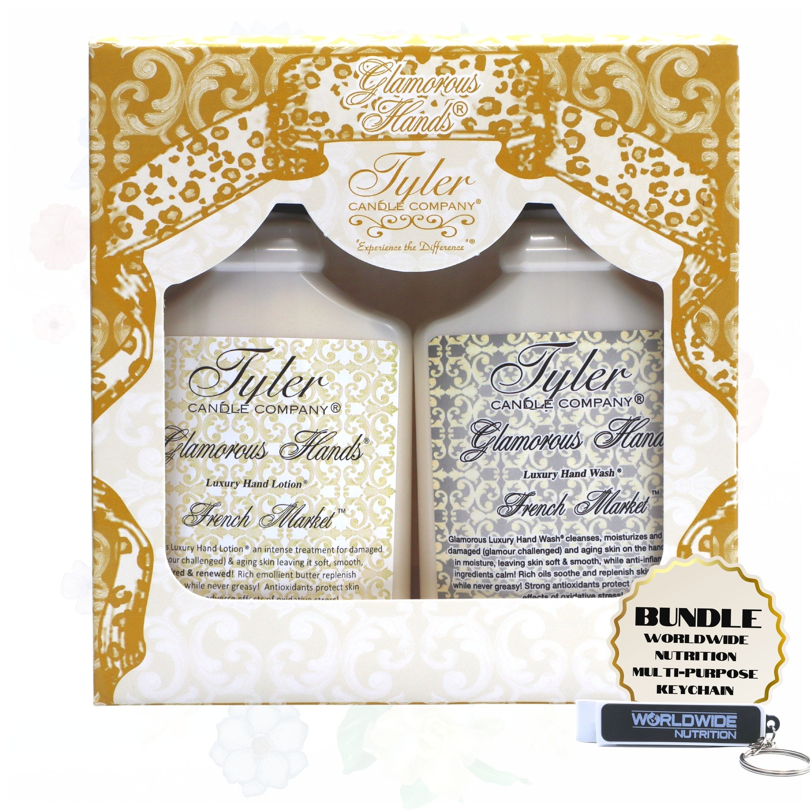 Tyler Candle Company French Market Glamorous Scented Hand Wash and Hand Lotion Gift Set in Pump Bottles - Pack of 1, 8 oz - with Multi-Purpose Keychain