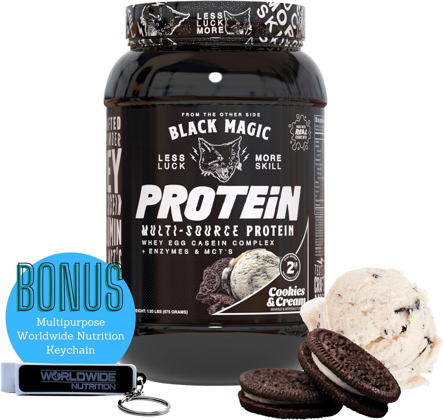 Black Magic Multi-Source Protein - Whey, Egg, and Casein Complex with Enzymes & MCT Powder - Pre Workout and Post Workout - Honey Grahms Protein Powder - 24g Protein - 2 LB with Bonus Key Chain