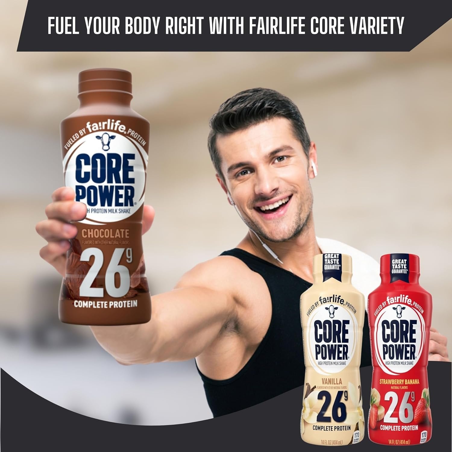 Fairlife Core Power 26g High Protein Milkshake in 3 Flavors (Strawberry Banana /Vanilla / Chocolate) - 12 Pack of 14oz - with Multi-Purpose Key Chain