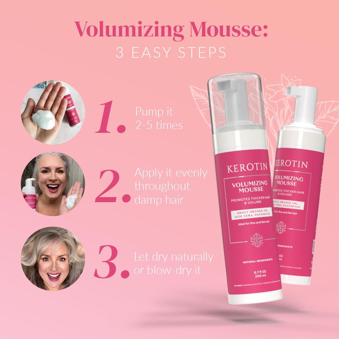 Kerotin Volumizing Mousse (6.7 fl oz) - Root Volumizer, Hair Thickening Styling Foam for Volume, Texture & Body, Tames Frizz & Flyaways, Ideal for Fine and Thin Hair - Cruelty Free, Made in the USA