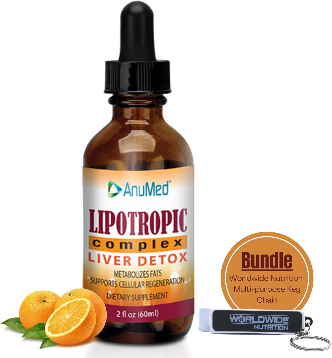 AnuMed International Lipotropic Complex Drops - Liver Detox - Metabolizes Fats - Supports Cellular Regeneration - Vit. B12, B6, Folic Acid - Orange Flavor - 2 oz