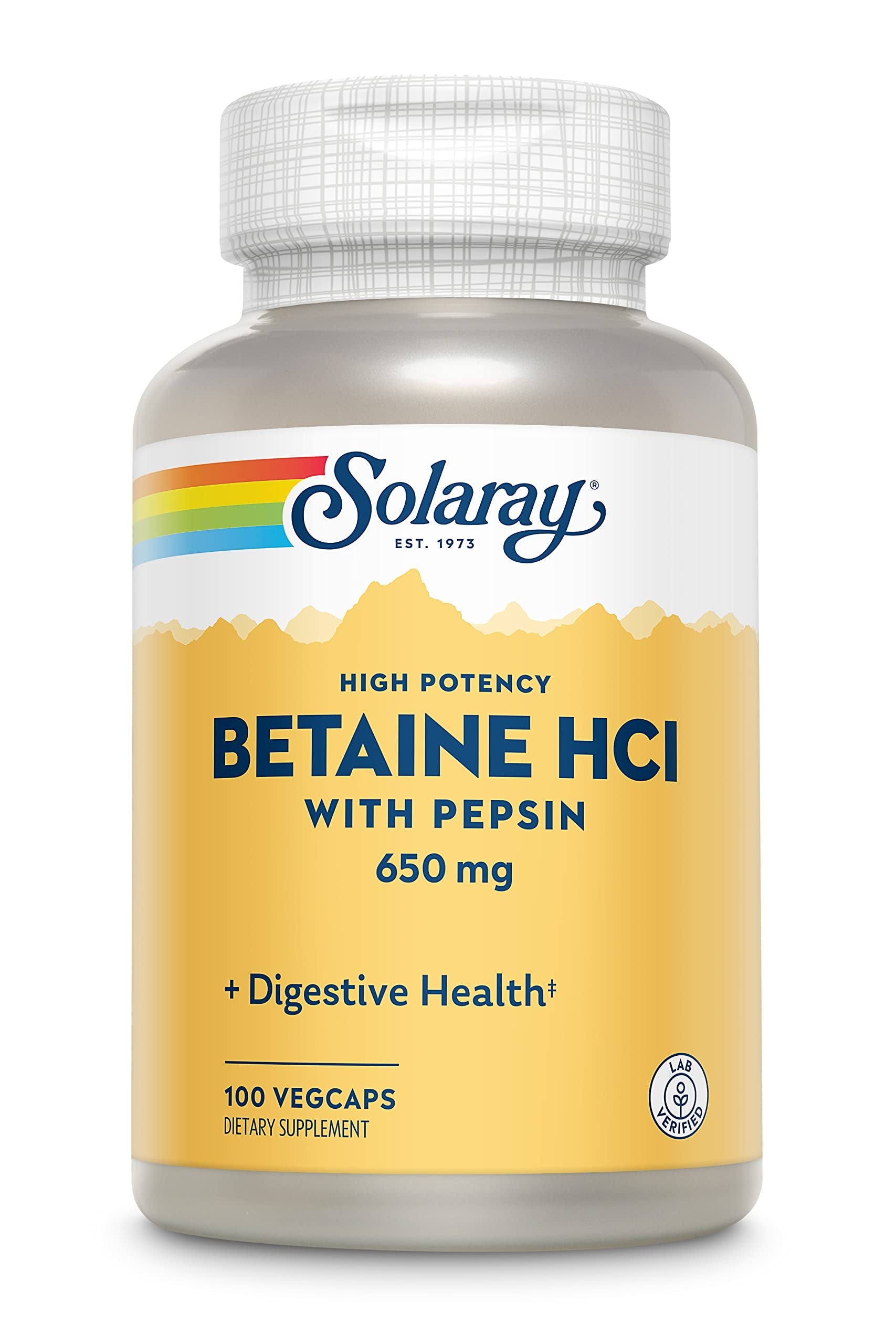 SOLARAY Betaine HCL with Pepsin - High Potency Hydrochloric Acid Formula - Digestive Health Supplement with Digestive Enzymes for Gut Health Support - 60-Day Guarantee (100 Servings, 100 Veg Caps)