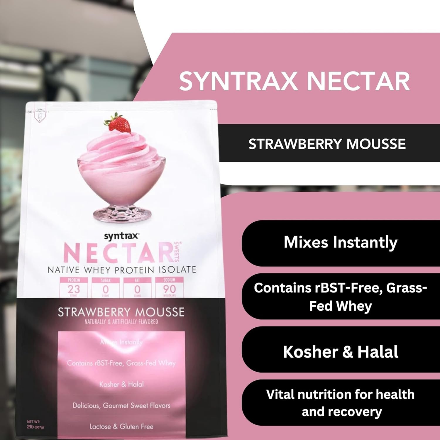 Strawberry Mouse Syntrax Nectar Native Whey Protein Isolate (2lb Bag) Natural Vanilla - Muscle Support - with Multi-Purpose Keychain