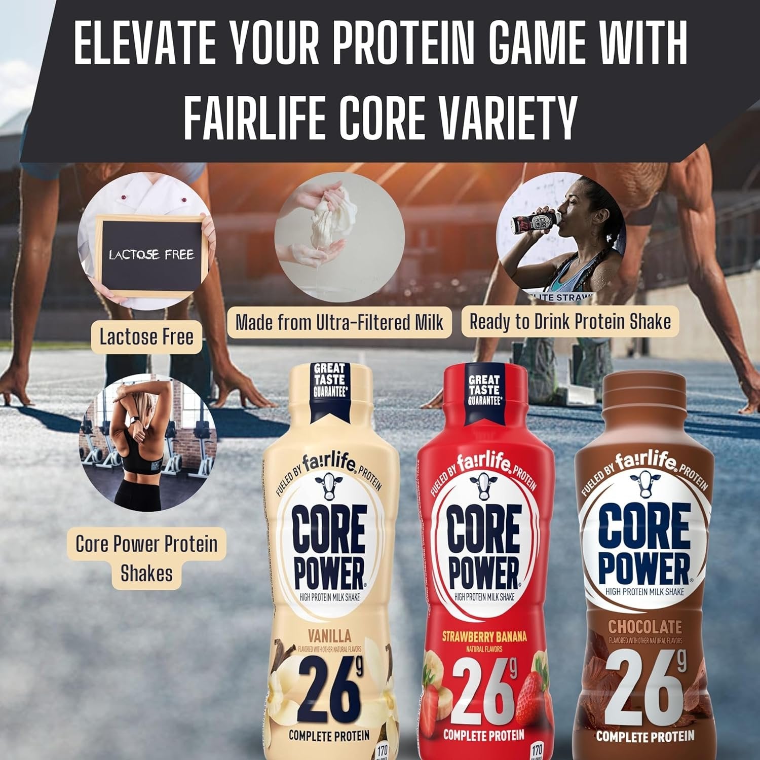 Fairlife Core Power 26g High Protein Milkshake in 3 Flavors (Strawberry Banana /Vanilla / Chocolate) - 12 Pack of 14oz - with Multi-Purpose Key Chain