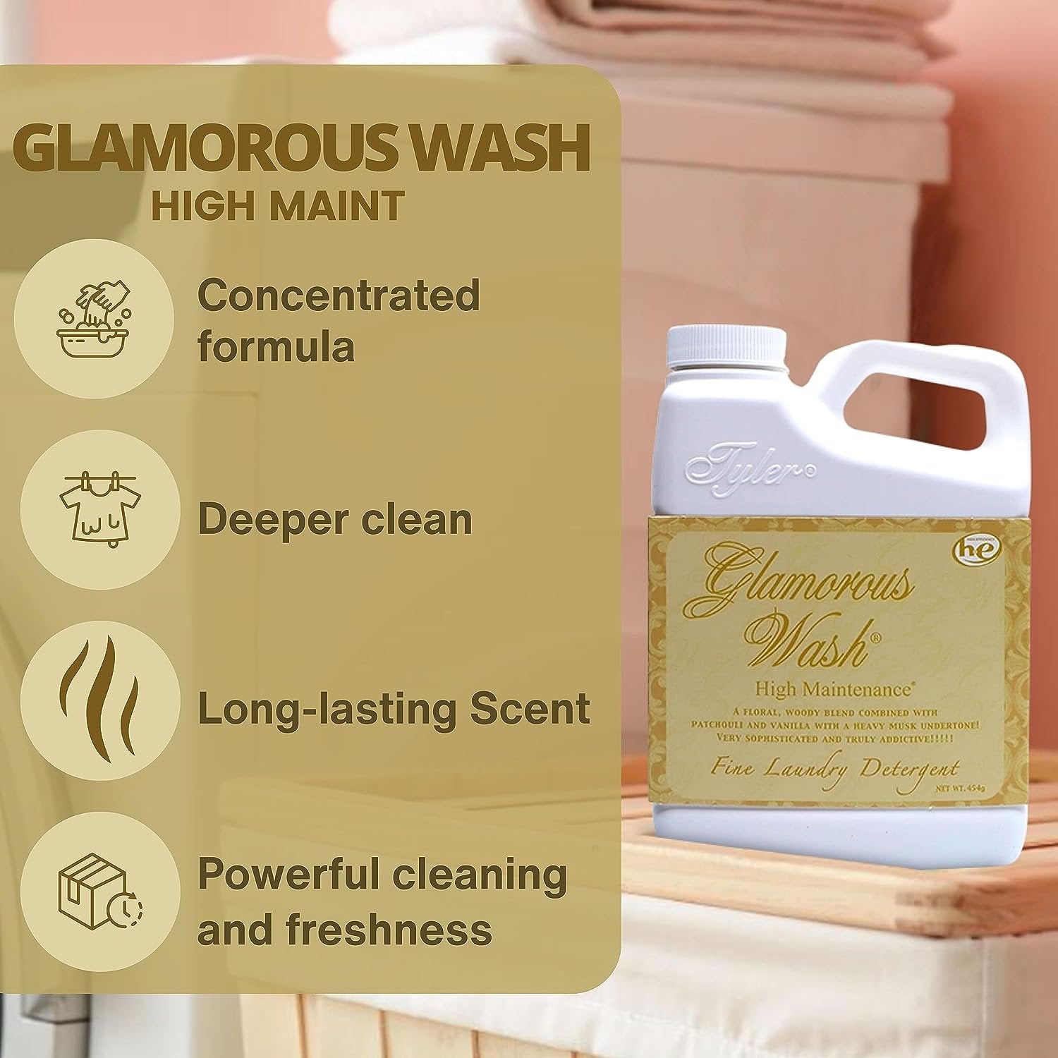 Tyler Candle Company Glamorous Wash High Maintenance Scent Fine Laundry Liquid Detergent - Phosphate-Free - Hand and Machine Washable - 1 Container of 16oz (454g) with Multi-Purpose Keychain