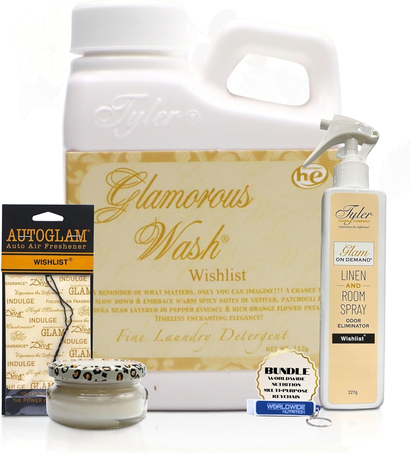 Tyler Candle Comapany Glamorous Gift Suite VI - Glam On Demand Linen and Room Spray Bottle, Prestige Candle, Glamorous Wash Laundry Detergent, Autoglam Auto Air Freshener & Keychain