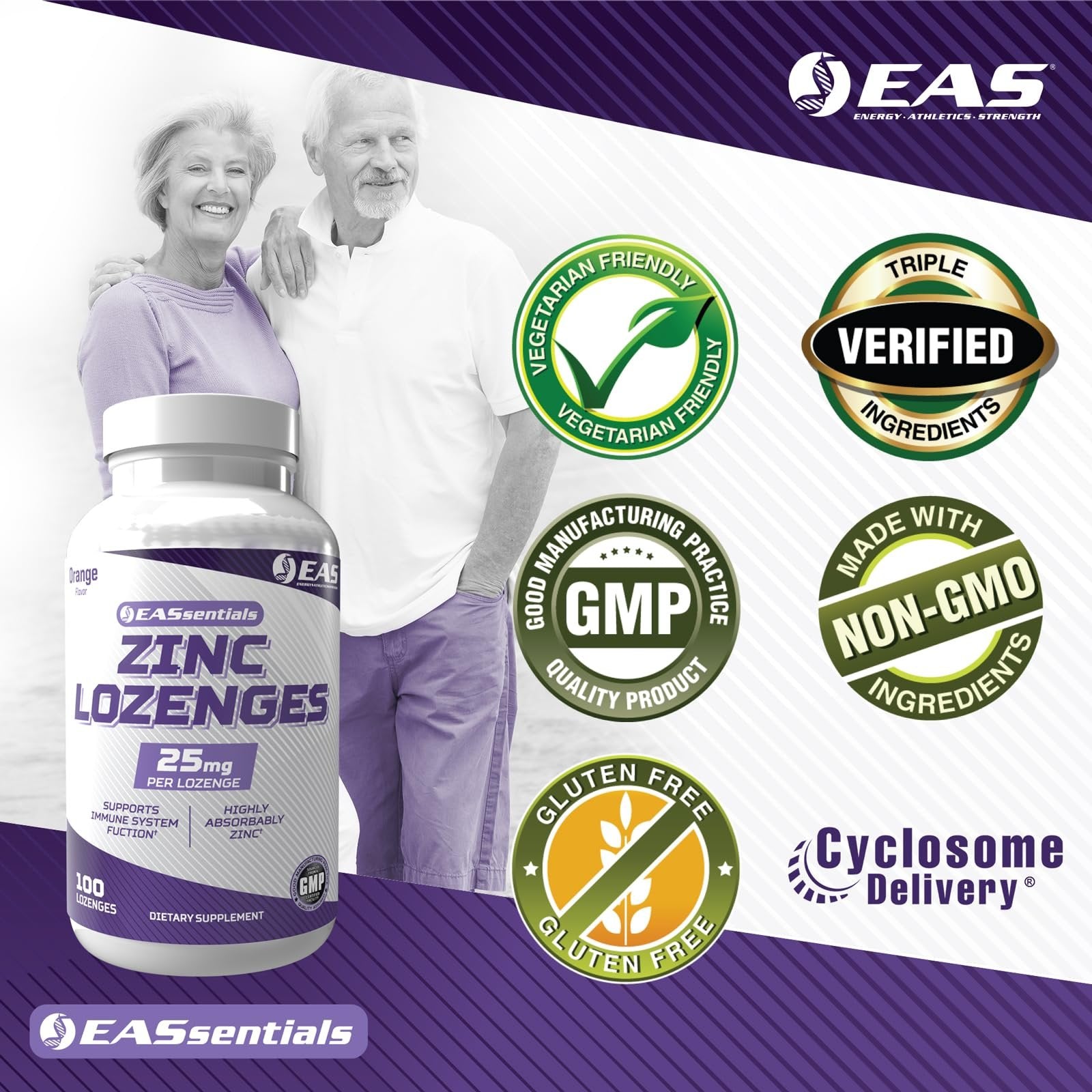 EAS Zinc Lozenges | Highly Absorbable with No Fillers or Additives | Supports Immune Function | Gluten Free, Non GMO | 100 Lozenges (Orange Flavor)