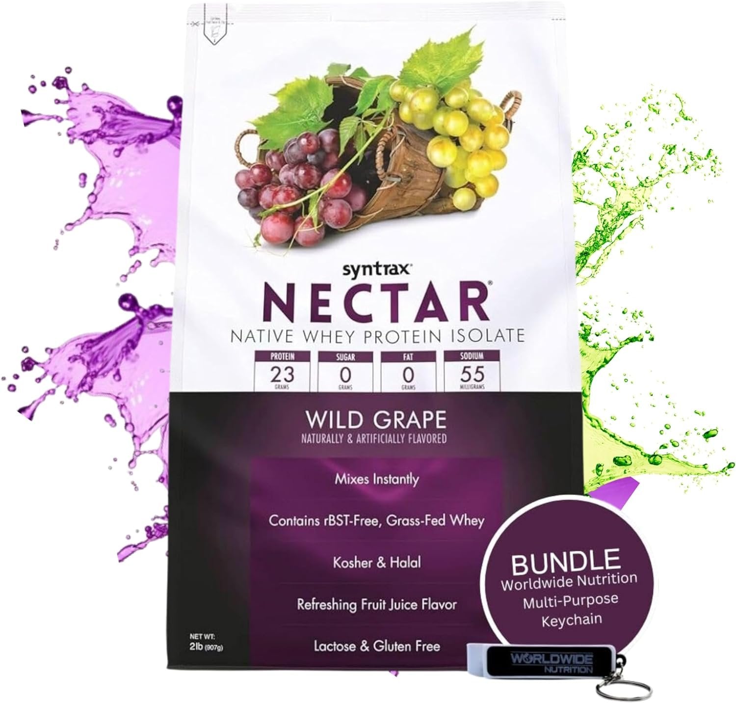 Wild Grape Syntrax Nectar Native Whey Protein Isolate (2lb Bag) Natural Vanilla - Muscle Support - with Multi-Purpose Keychain