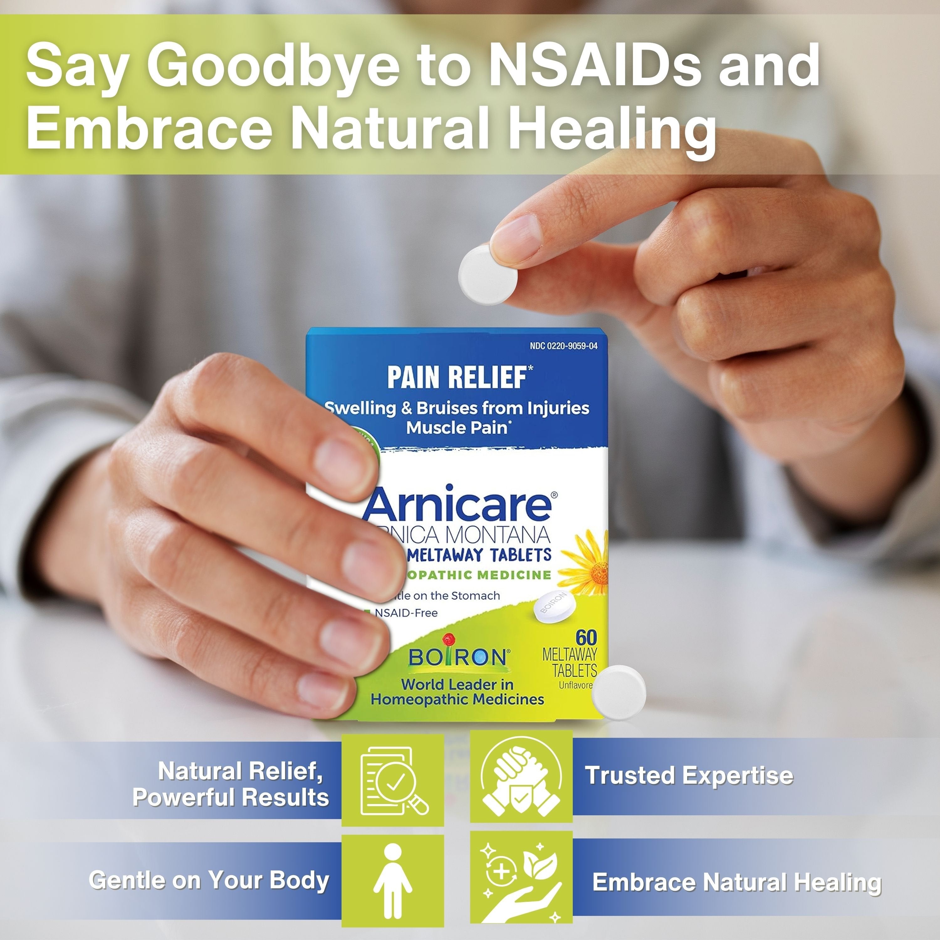 Boiron Arnicare Arnica Montana Meltaway Tablets - Swelling Reducer - Bruise Remedy - Muscle Pain Reliever - 60 Unflavored Tablets with Multi-Purpose Keychain