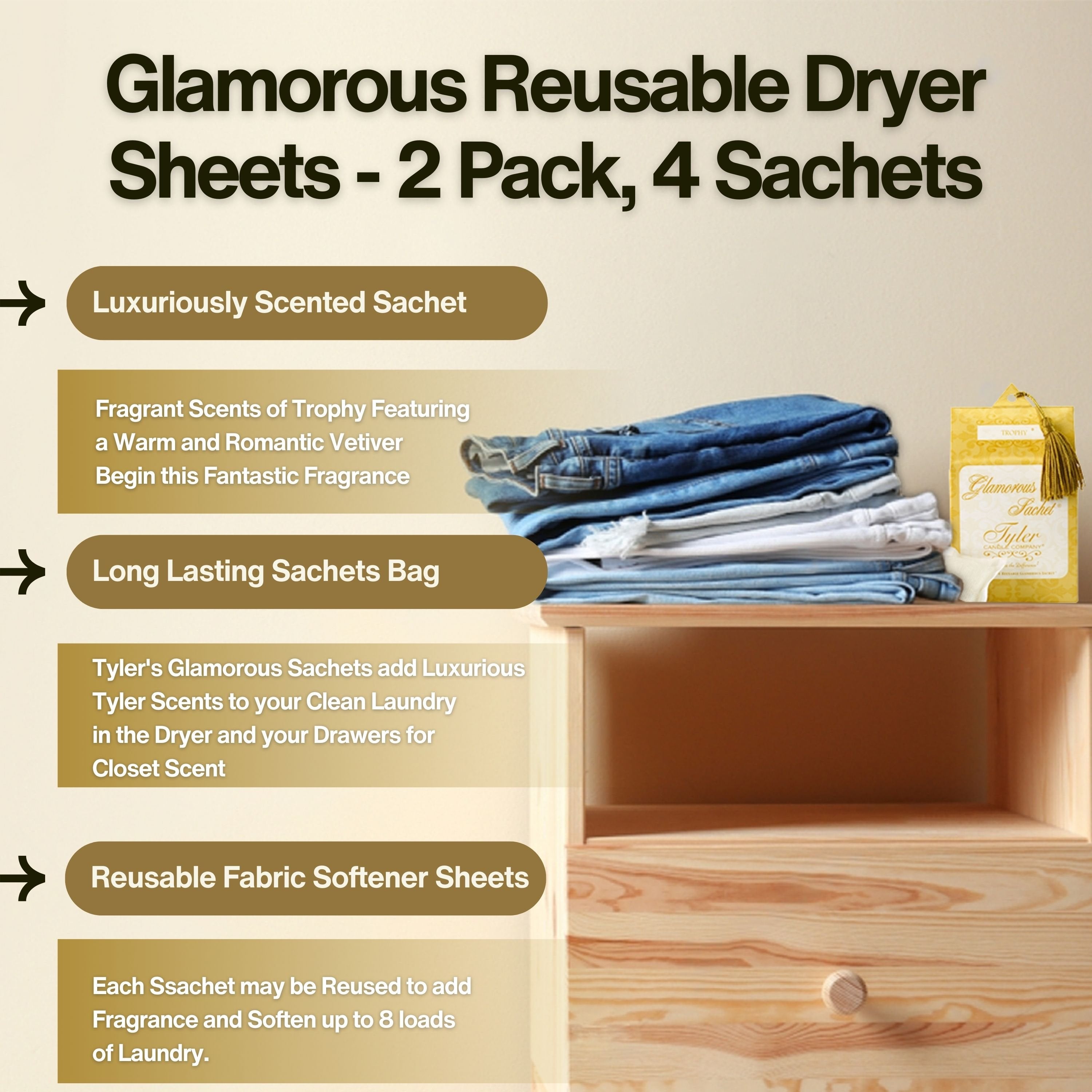 Tyler Candle Company Reusable Glamorous Dryer Sheets - Trophy - 2 Pack of 4 Sachet - with Multi-Purpose Key Chain