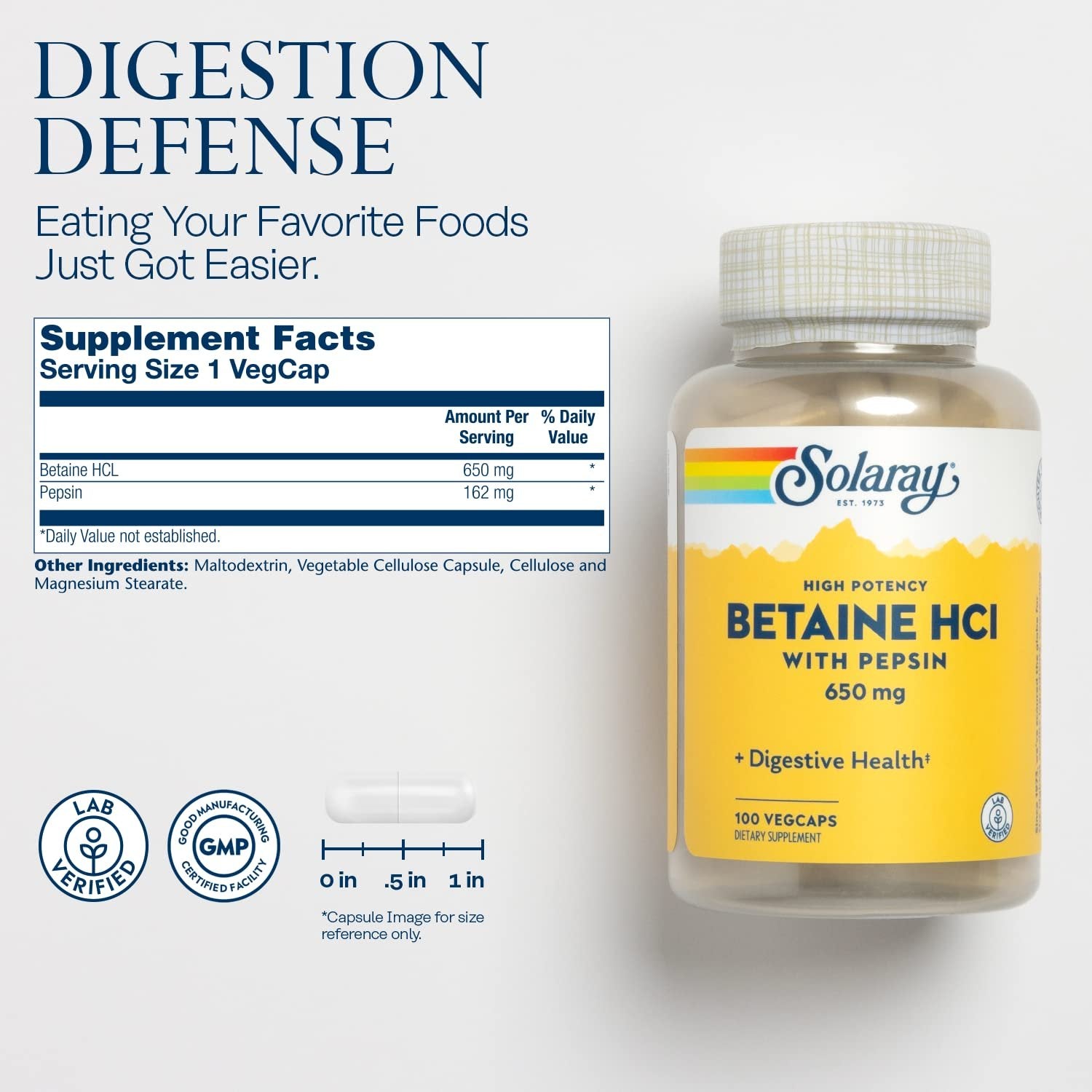 SOLARAY Betaine HCL with Pepsin - High Potency Hydrochloric Acid Formula - Digestive Health Supplement with Digestive Enzymes for Gut Health Support - 60-Day Guarantee (100 Servings, 100 Veg Caps)