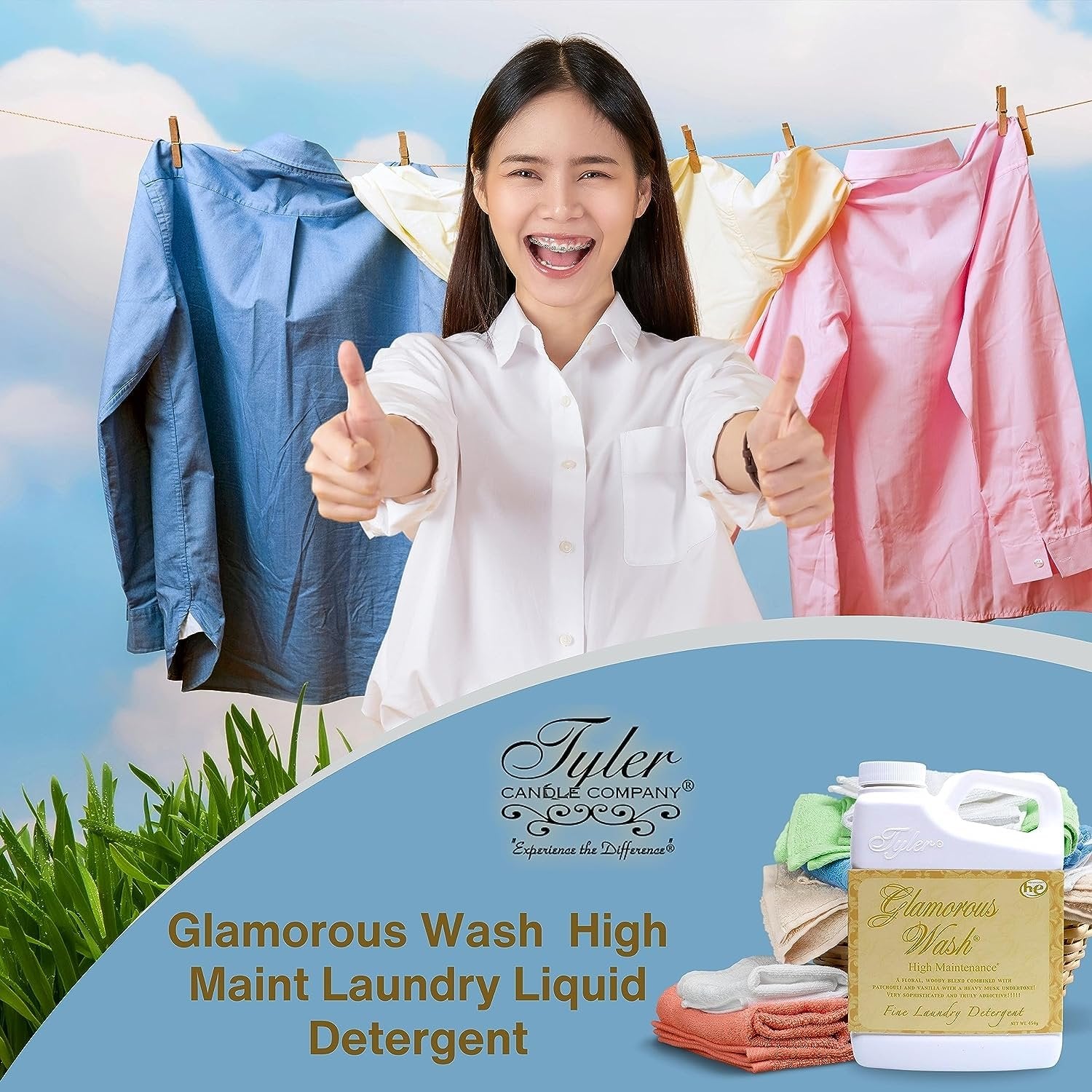Tyler Candle Company Glamorous Wash High Maintenance Scent Fine Laundry Liquid Detergent - Phosphate-Free - Hand and Machine Washable - 1 Container of 16oz (454g) with Multi-Purpose Keychain