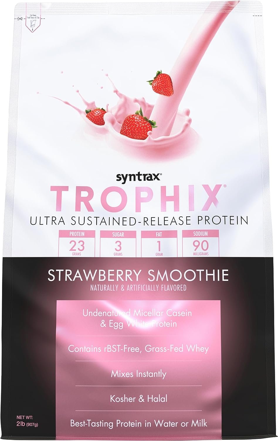 Syntrax Trophix - Ultra Sustained-Release Protein Powder - Undernatured Micellar Casein & Egg White Protein, Kosher & Halal - Strawberry Smoothie - 2lb