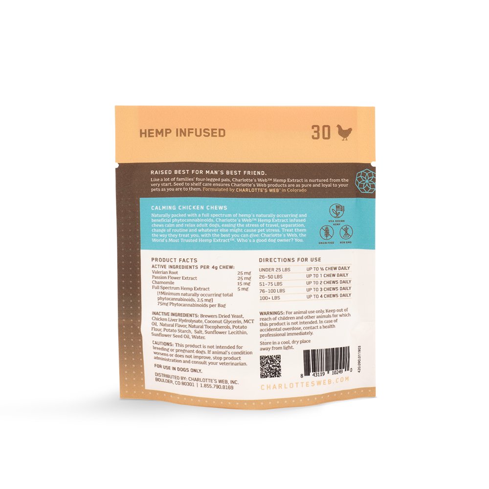 Charlotte's Web Full - Spectrum CBD Hemp Extract-Infused Pet Chews - Calming - Chicken Flavor - 30 Chews - Pack of 1