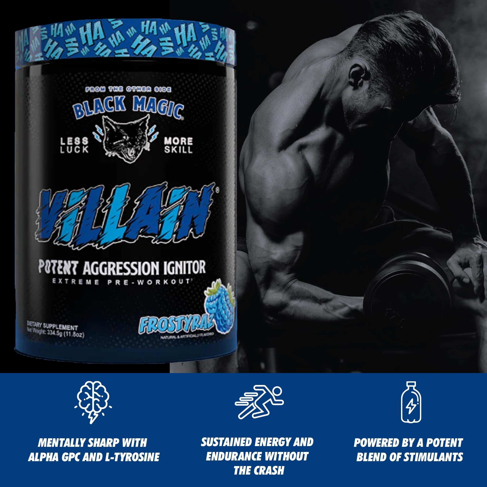 Black Magic Supply Froztyraz Villian, 11.8 oz - High-Stim Nootropic Pre-Workout - Beta-Alanine, L-Tyrosine, & Caffeine - Pack of 1 with Keychain
