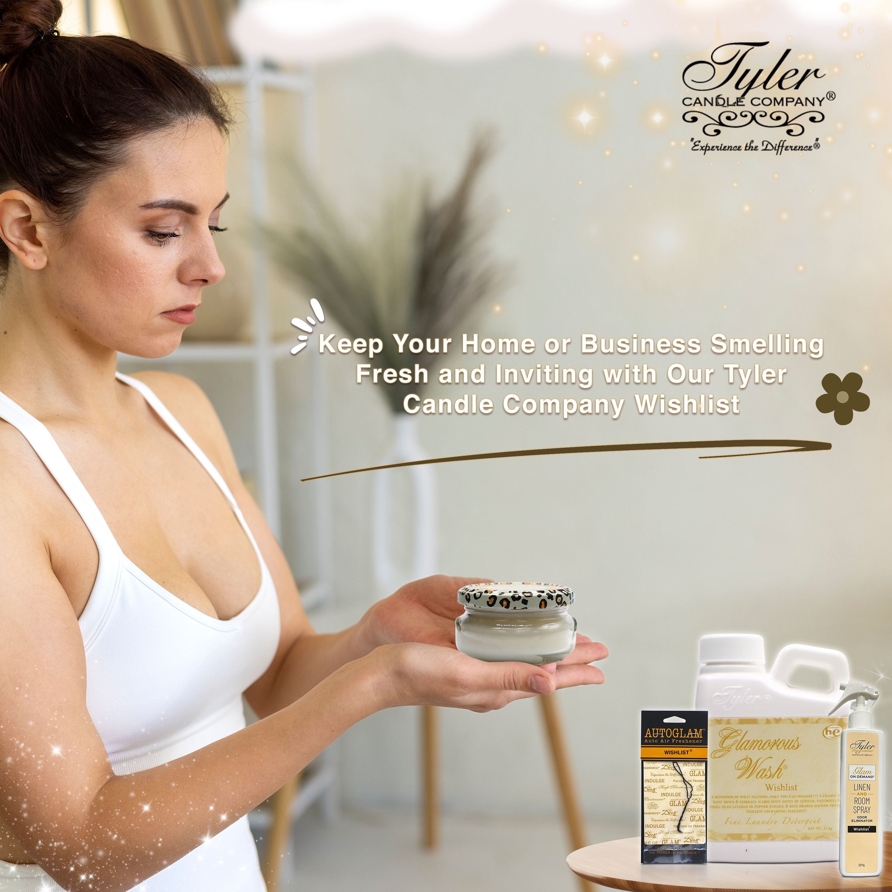 Tyler Candle Comapany Glamorous Gift Suite VI - Glam On Demand Linen and Room Spray Bottle, Prestige Candle, Glamorous Wash Laundry Detergent, Autoglam Auto Air Freshener & Keychain