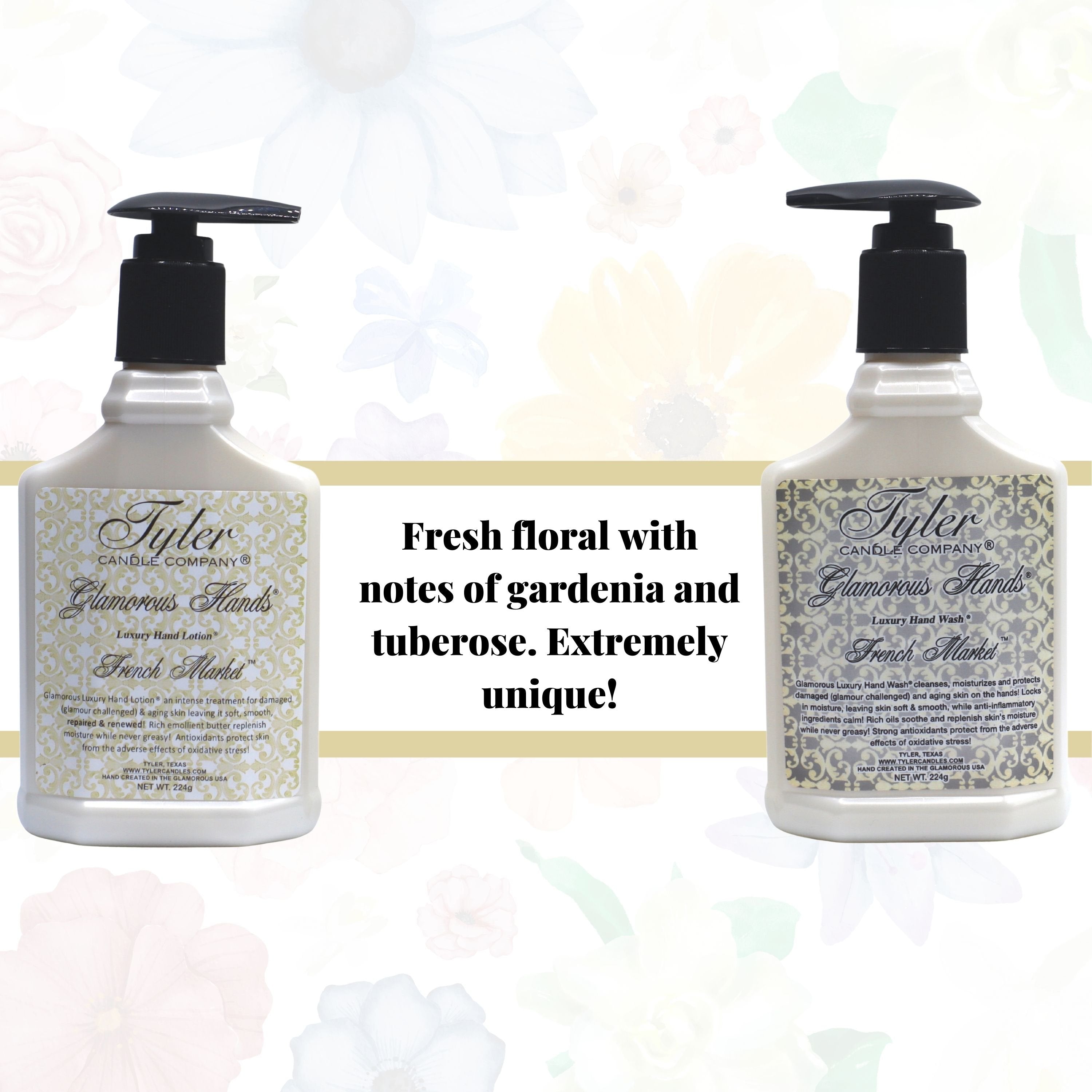 Tyler Candle Company French Market Glamorous Scented Hand Wash and Hand Lotion Gift Set in Pump Bottles - Pack of 1, 8 oz - with Multi-Purpose Keychain