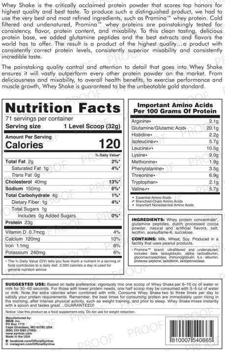 Syntrax Whey Shake Protein Powder - The Gold Standard - Free of Fillers No Taurine, Kosher & Halal - Chocolate Shake - 5lb