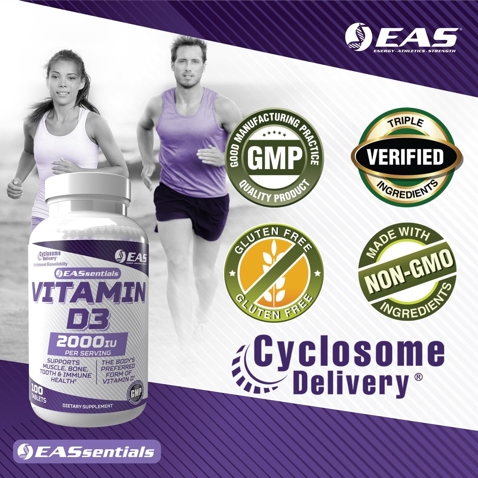 EAS Vitamin D3 2000 IU | Supports Muscle, Bone, Tooth, & Immune Health | Gluten Free, Non GMO | Better Absorption with Cyclosome Delivery | 100 Tablets