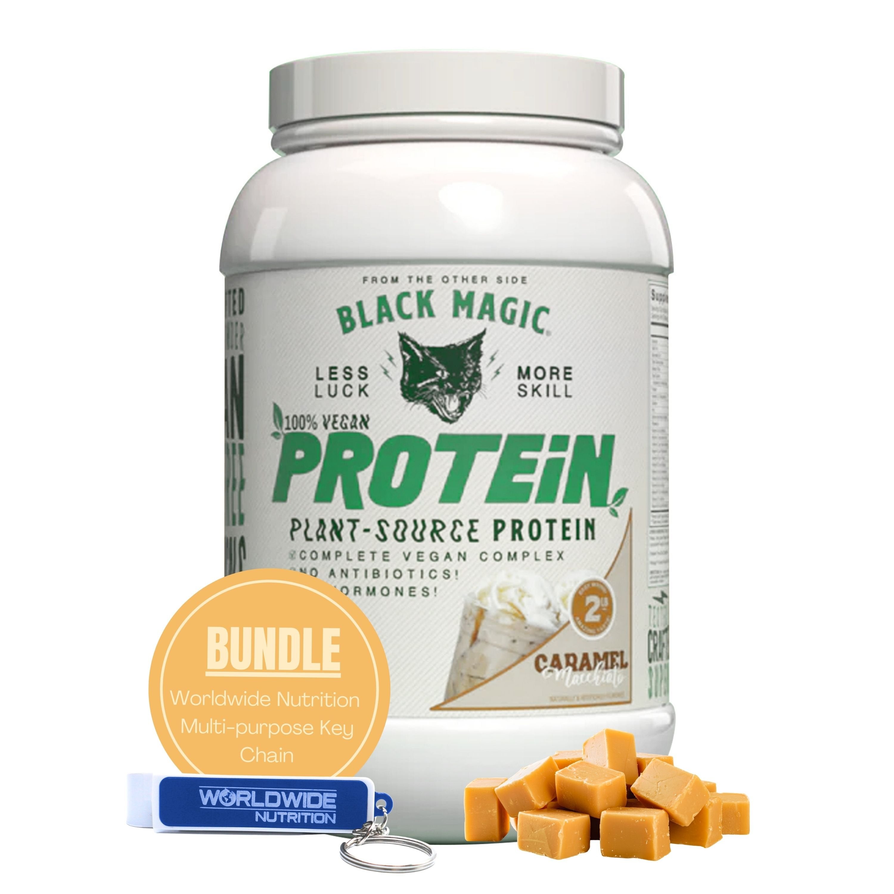 Worldwide Nutrition Bundle Compatible with Black Magic Multi-Source Protein - Whey, Egg, and Casein Complex with Enzymes & MCT Powder - Vegan Caramel Macchiato Protein Powder - 2 LB with Keychain